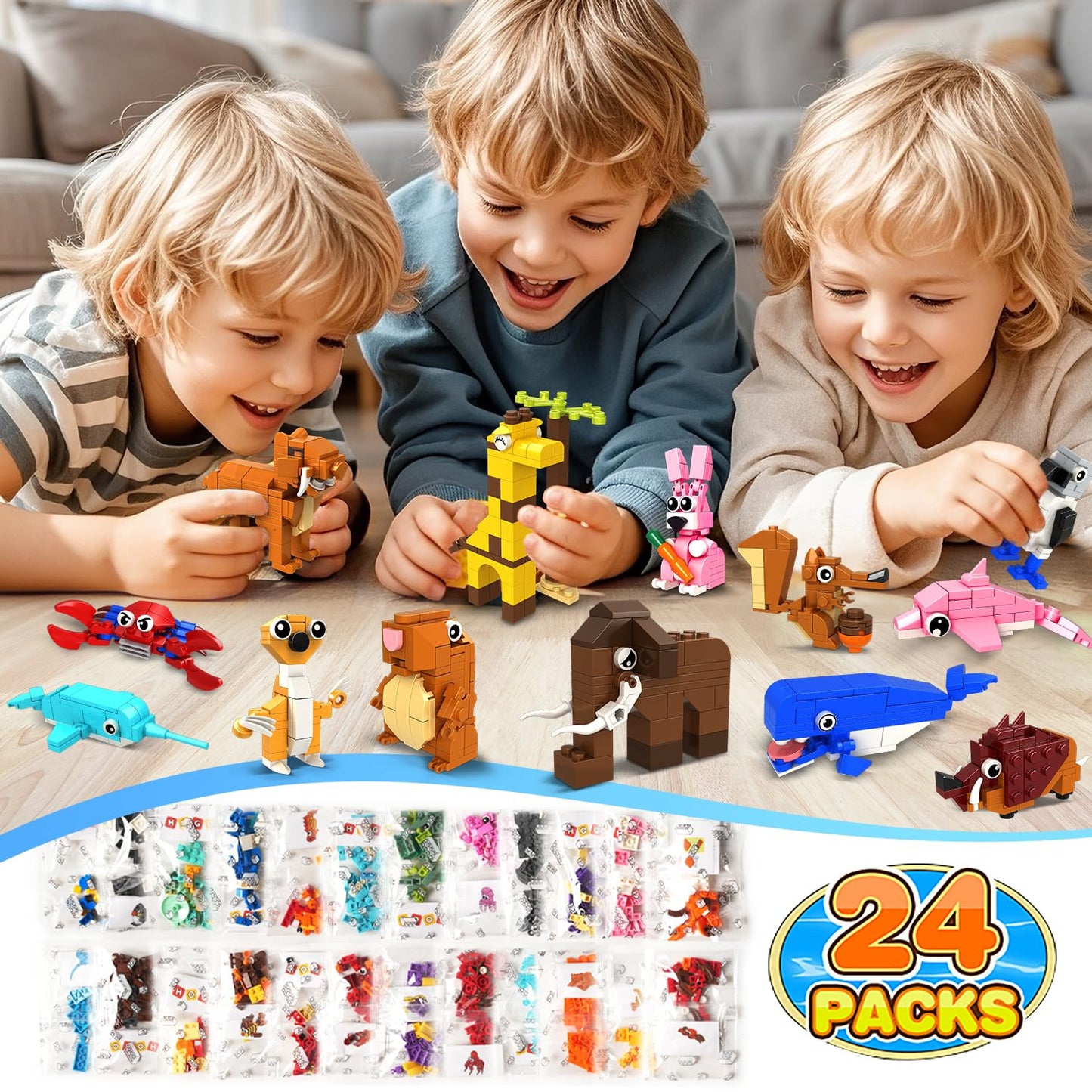 HOGOKIDS 24-Pack Valentines Party Favors – Animal Building Blocks for Kids 6+