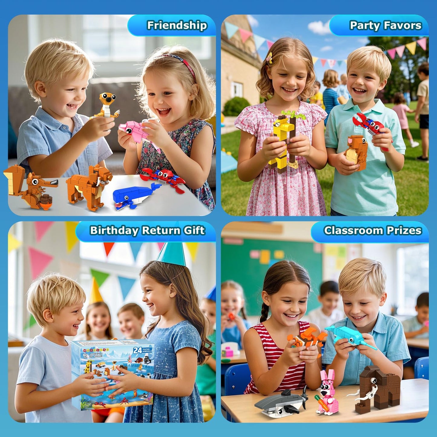 HOGOKIDS 24-Pack Valentines Party Favors – Animal Building Blocks for Kids 6+