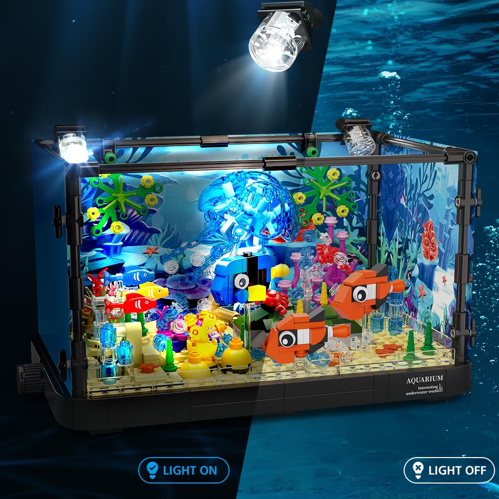 HOGOKIDS Fish Tank Building Set with LED Light | Movable Aquarium Toy 725PCS