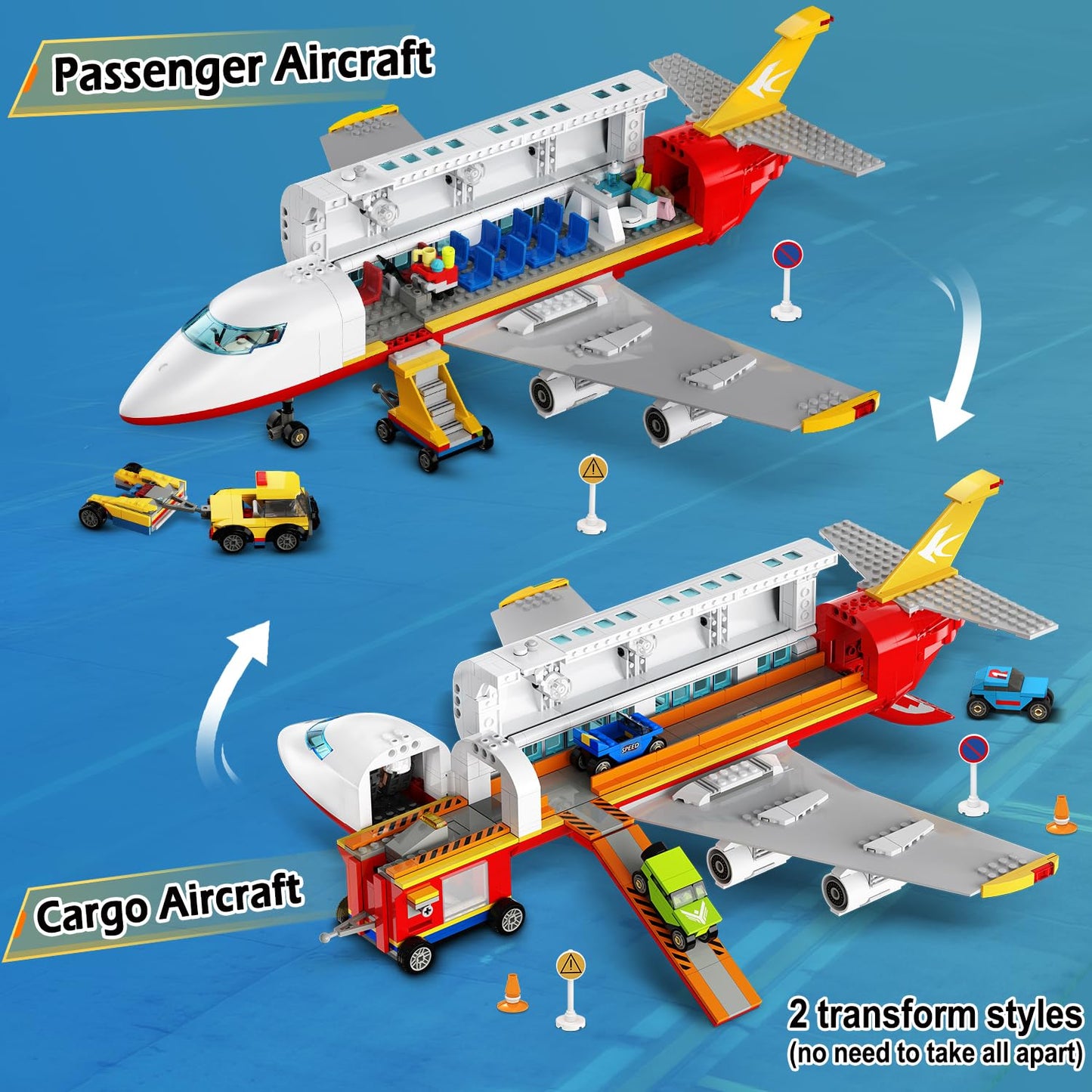 HOGOKIDS 2-Style City Airplane Building Set with LED Light — Plane Building Blocks with 3 Cars (Ages 6-12+)