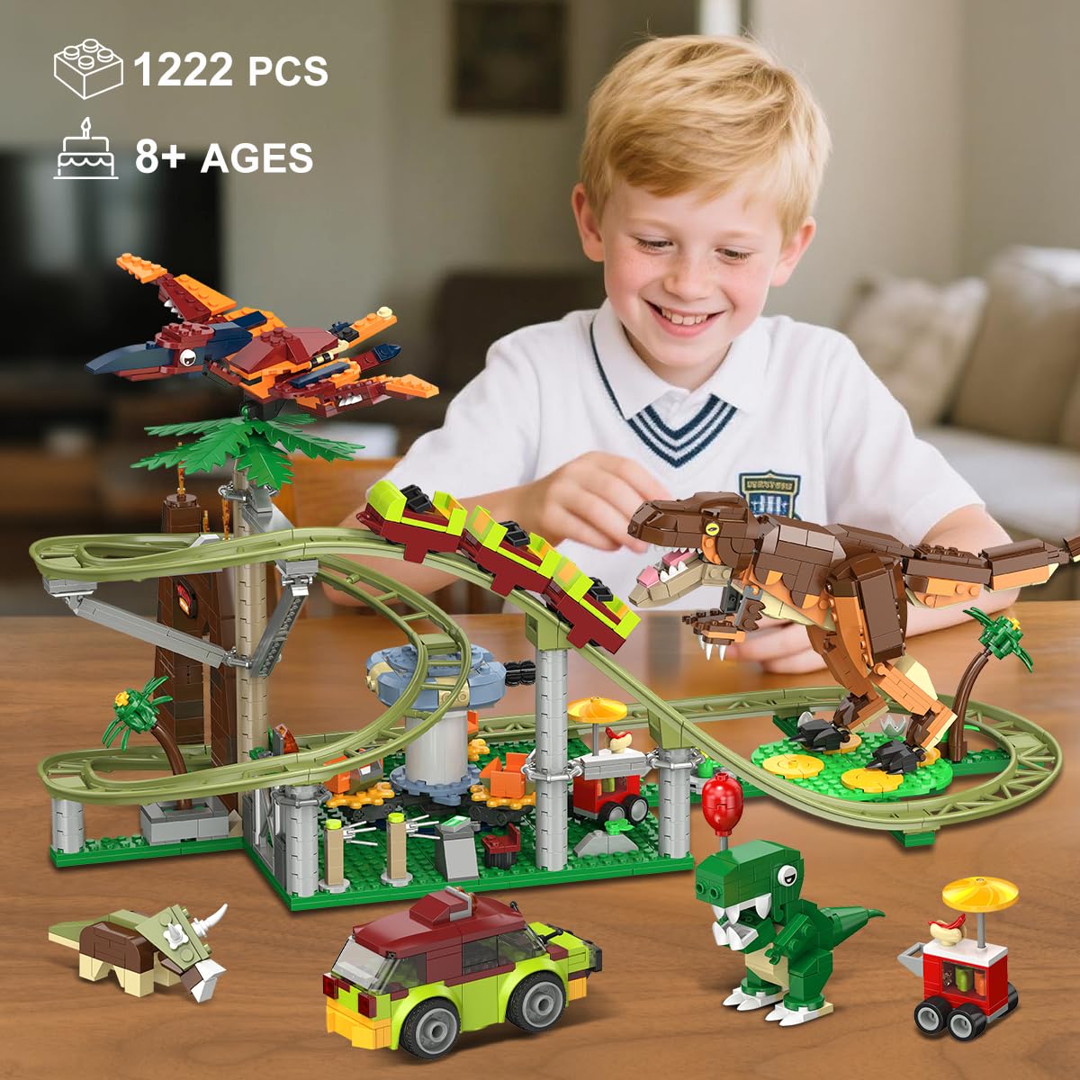 HOGOKIDS Dinosaur Roller Coaster Set – 1222-Pieces with Dinosaurs & Vehicle (Ages 8-12)