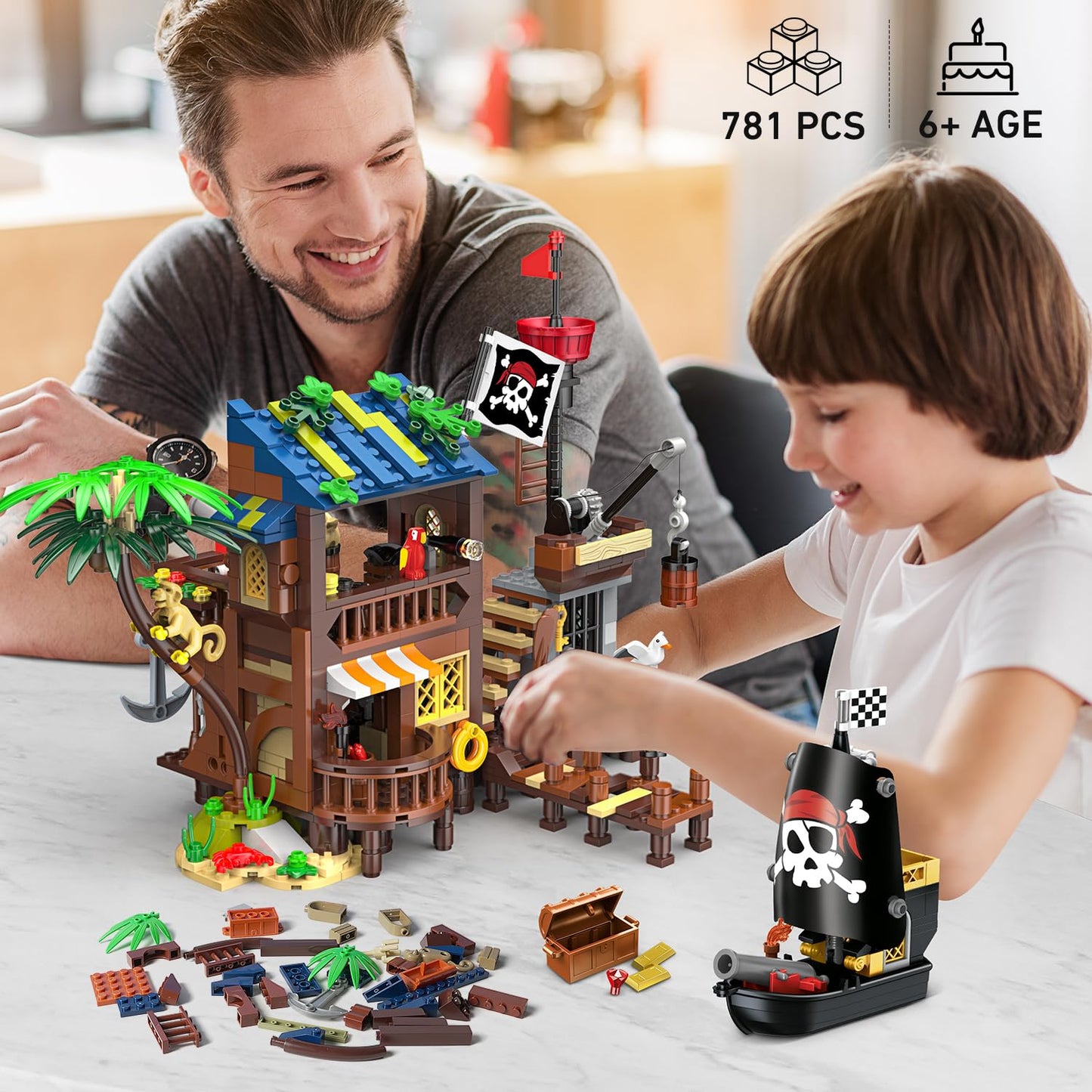 HOGOKIDS Pirate Ship House with LED Light – 781 Pcs STEM Kit (Ages 6-12+)