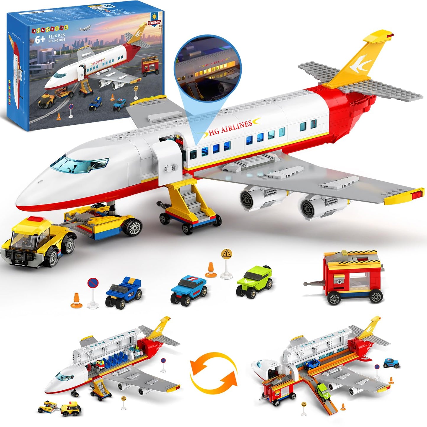HOGOKIDS 2-Style City Airplane Building Set with LED Light — Plane Building Blocks with 3 Cars (Ages 6-12+)