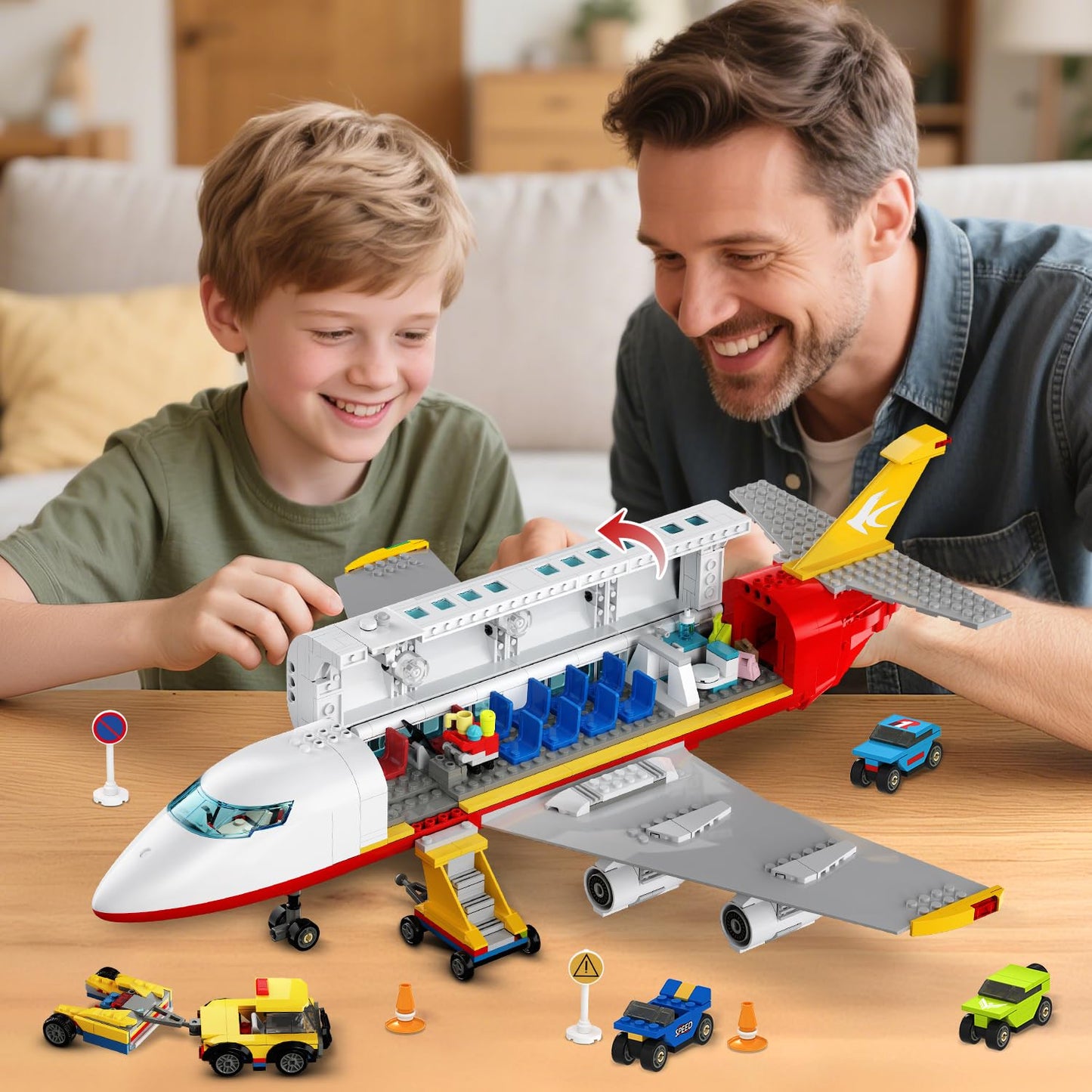 HOGOKIDS 2-Style City Airplane Building Set with LED Light — Plane Building Blocks with 3 Cars (Ages 6-12+)