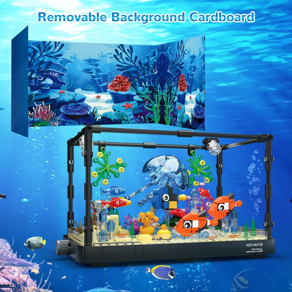 HOGOKIDS Fish Tank Building Set with LED Light | Movable Aquarium Toy 725PCS
