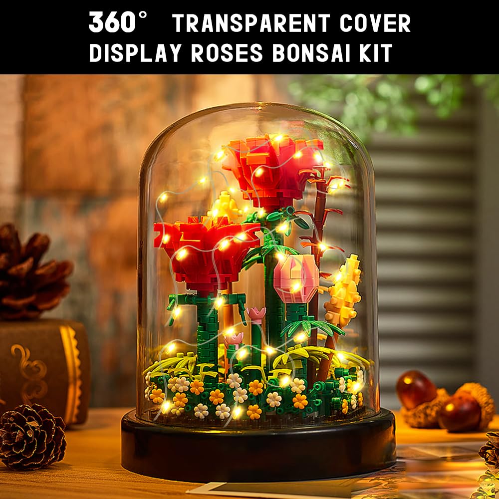 HOGOKIDS Flower Bouquet Building Kit with LED Lighting – 596 Pcs Rose Sets with Cover