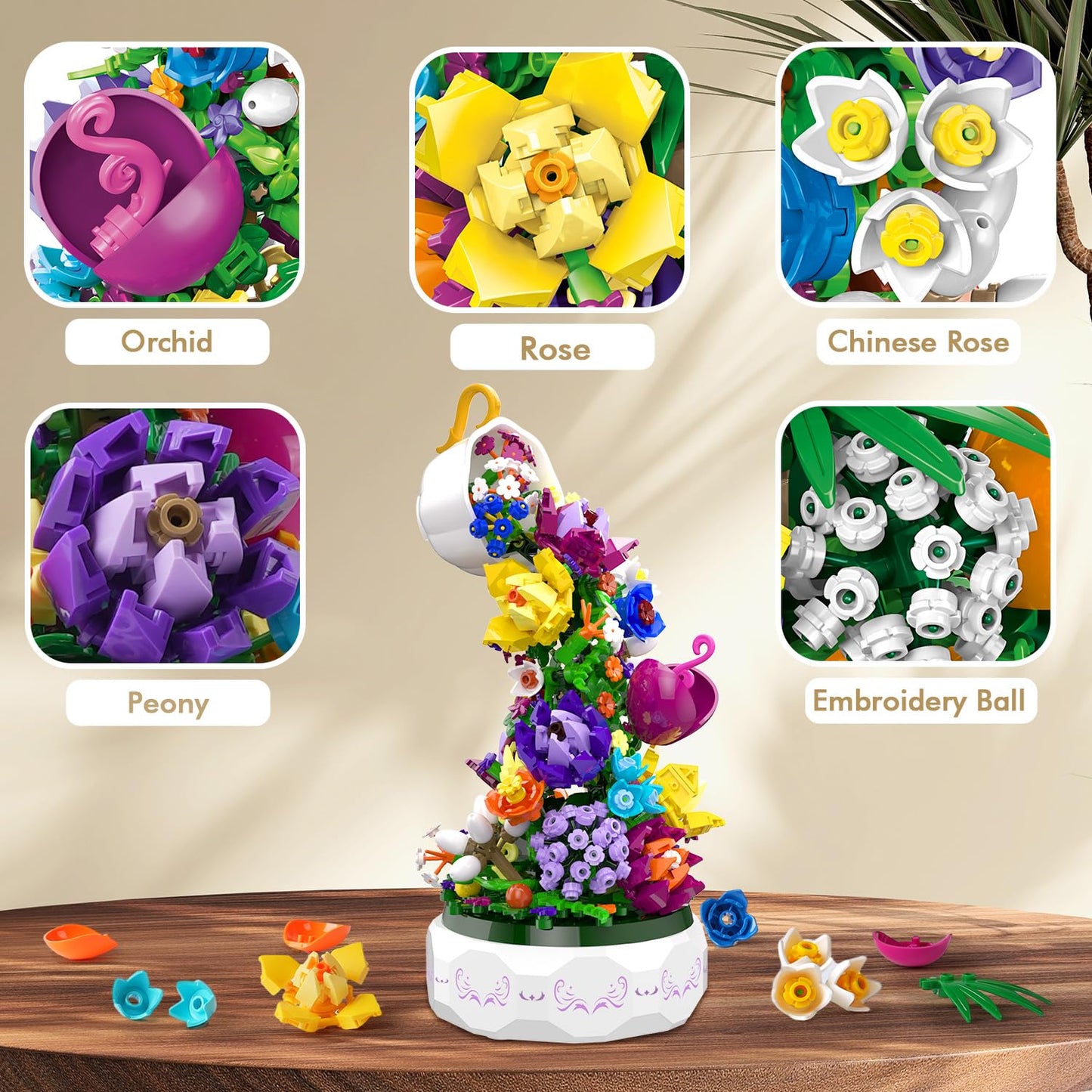 HOGOKIDS Flowers Music Box Building Block Kit with Light - 571PCS | Romantic Botanical Decor Gift