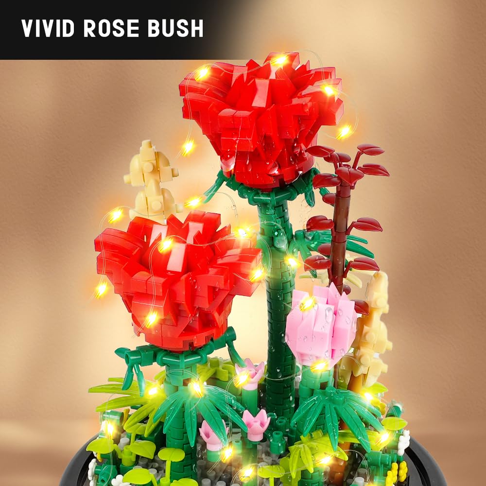 HOGOKIDS Flower Bouquet Building Kit with LED Lighting – 596 Pcs Rose Sets with Cover