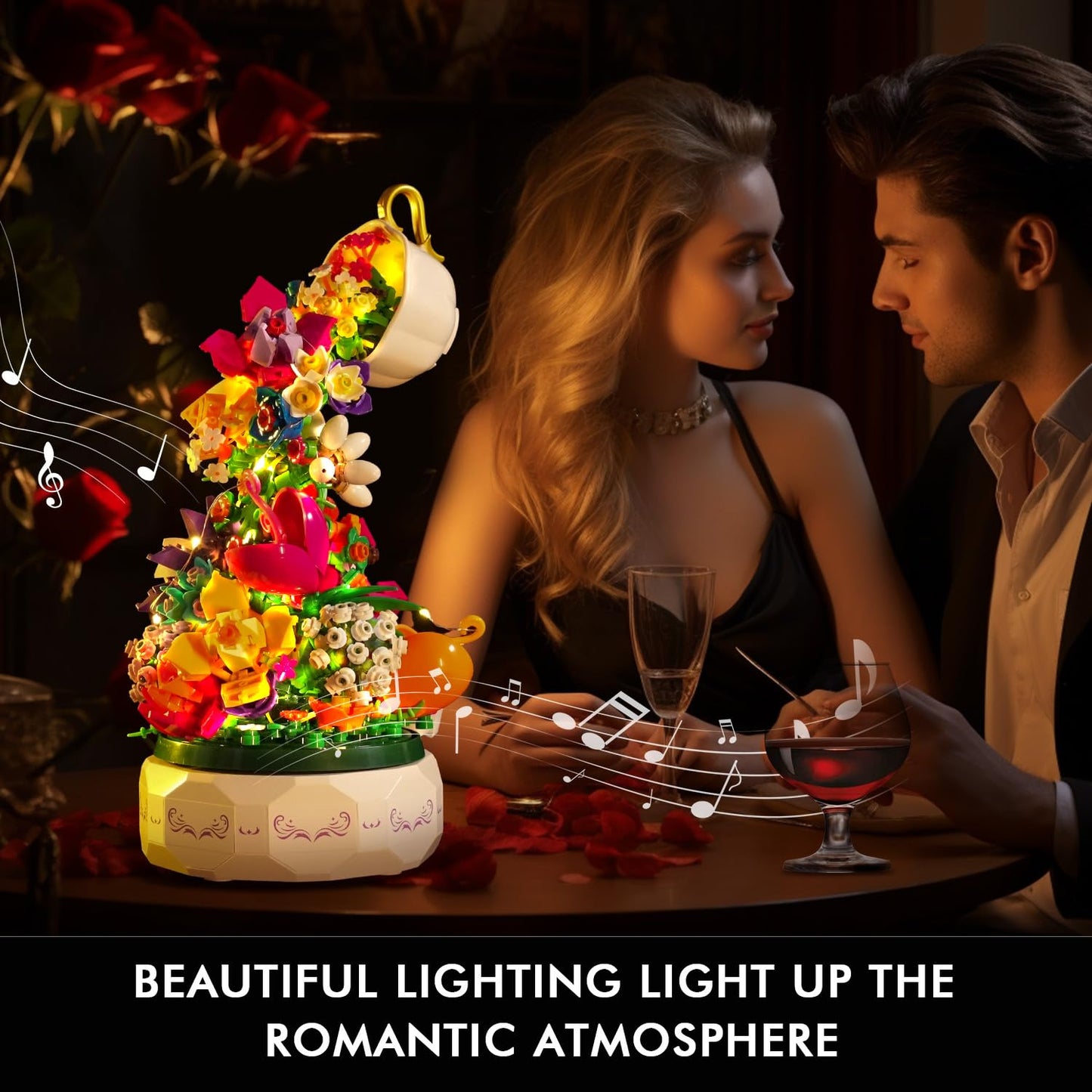 HOGOKIDS Flowers Music Box Building Block Kit with Light - 571PCS | Romantic Botanical Decor Gift