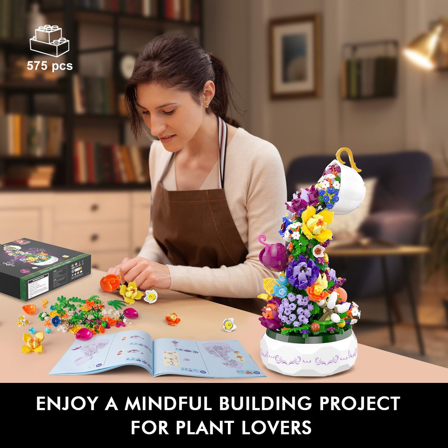 HOGOKIDS Flowers Music Box Building Block Kit with Light - 571PCS | Romantic Botanical Decor Gift