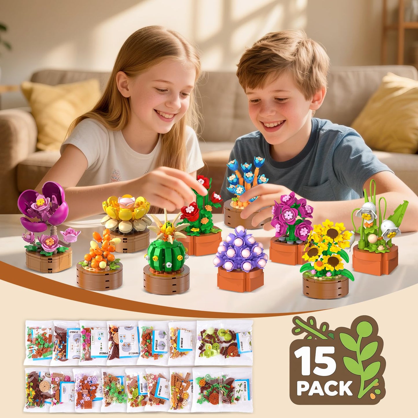 HOGOKIDS 15-Pack Valentines Flowers & Succulents Mini Building Set – 1314PCS