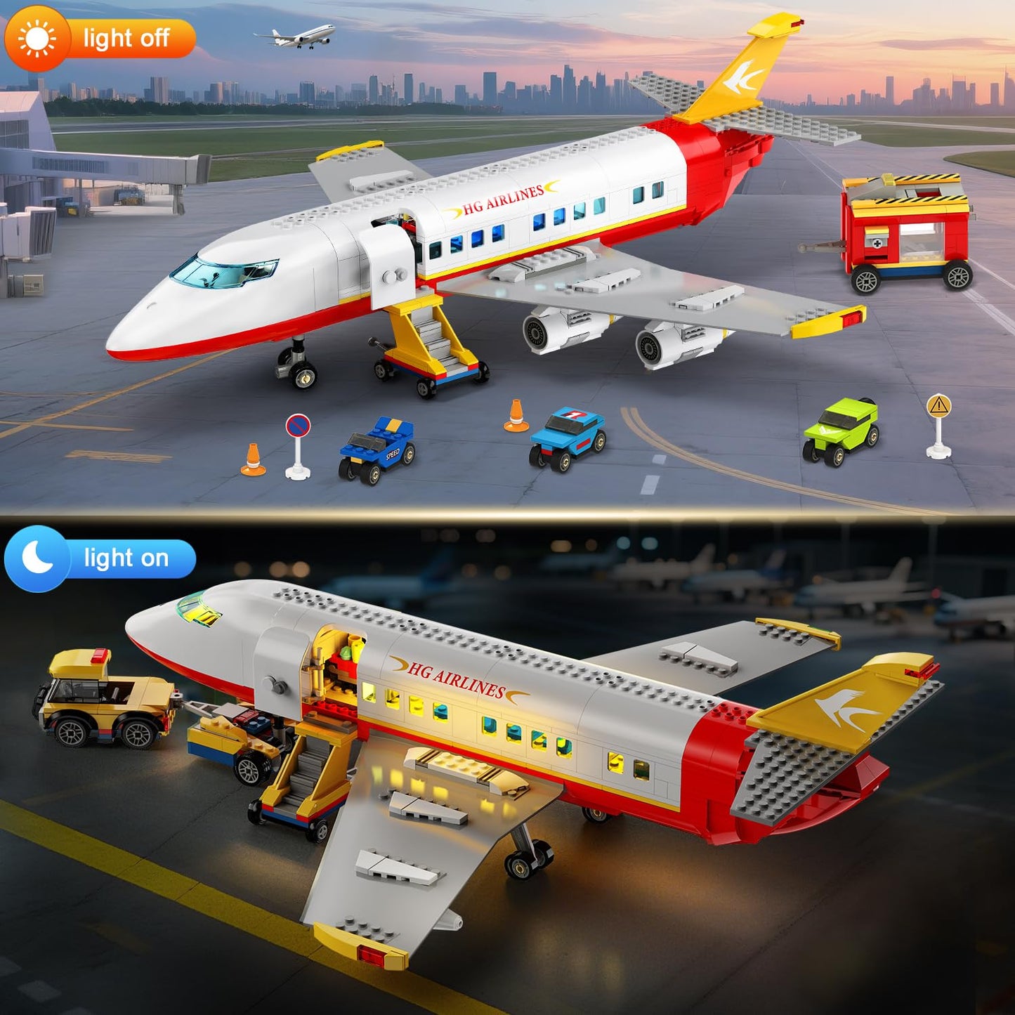 HOGOKIDS 2-Style City Airplane Building Set with LED Light — Plane Building Blocks with 3 Cars (Ages 6-12+)