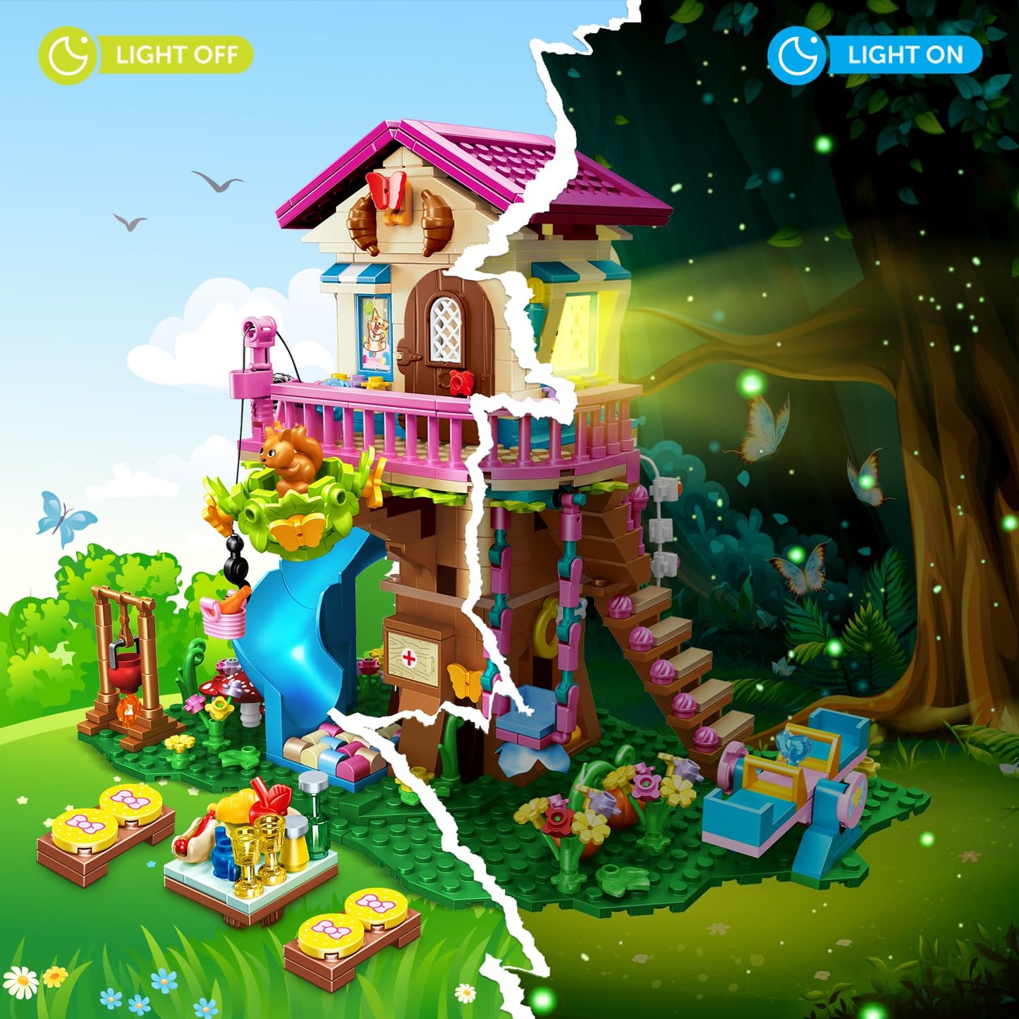 HOGOKIDS Tree House Building Set with LED Light – 622-Pcs Forest Up House with Slide | Gifts for Kids Ages 8–12+