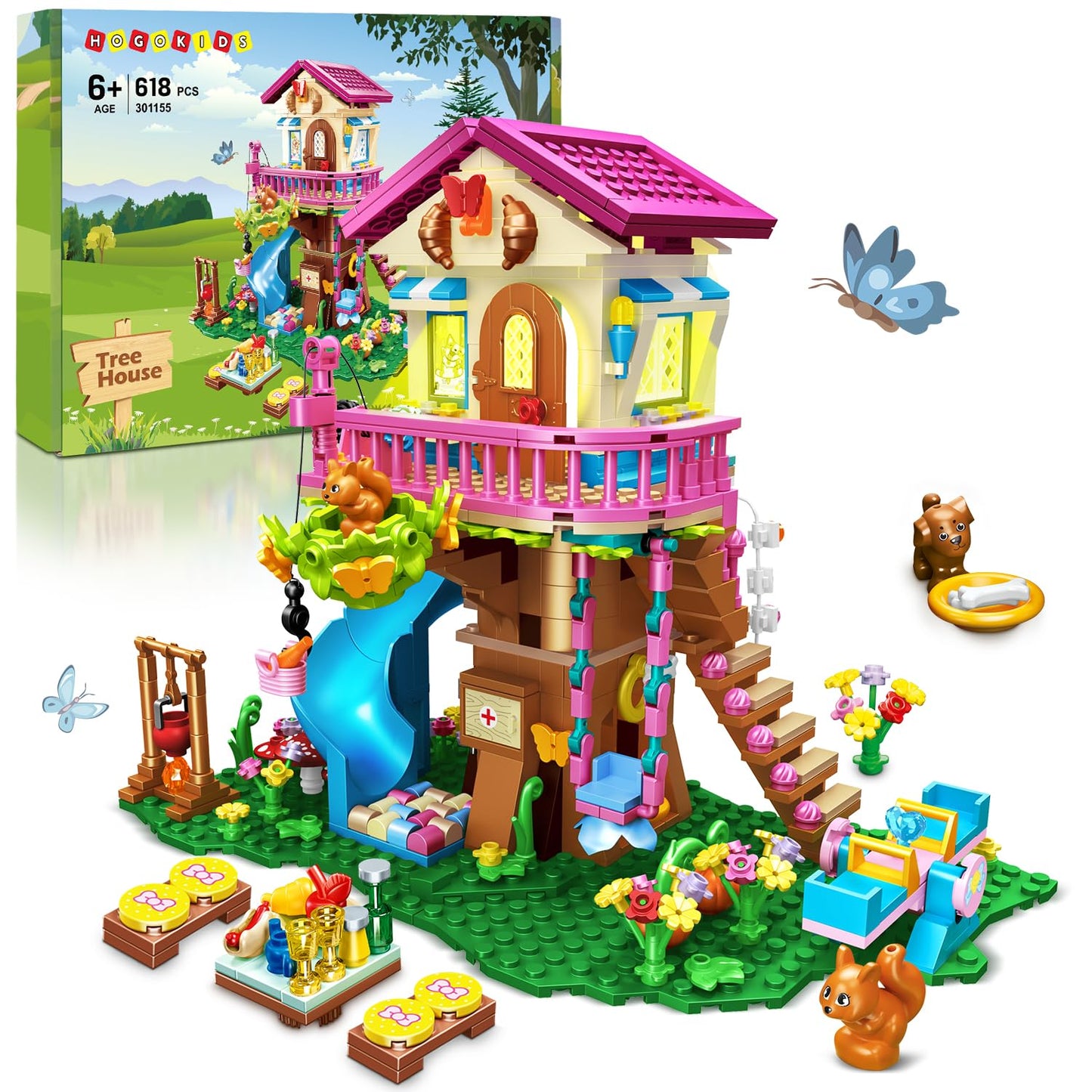 HOGOKIDS Tree House Building Set with LED Light – 622-Pcs Forest Up House with Slide | Gifts for Kids Ages 8–12+