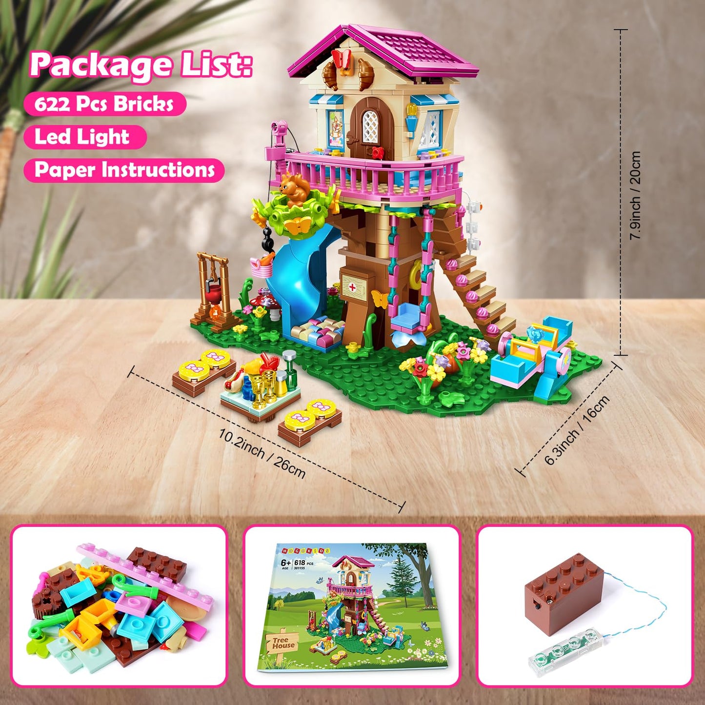 HOGOKIDS Tree House Building Set with LED Light – 622-Pcs Forest Up House with Slide | Gifts for Kids Ages 8–12+