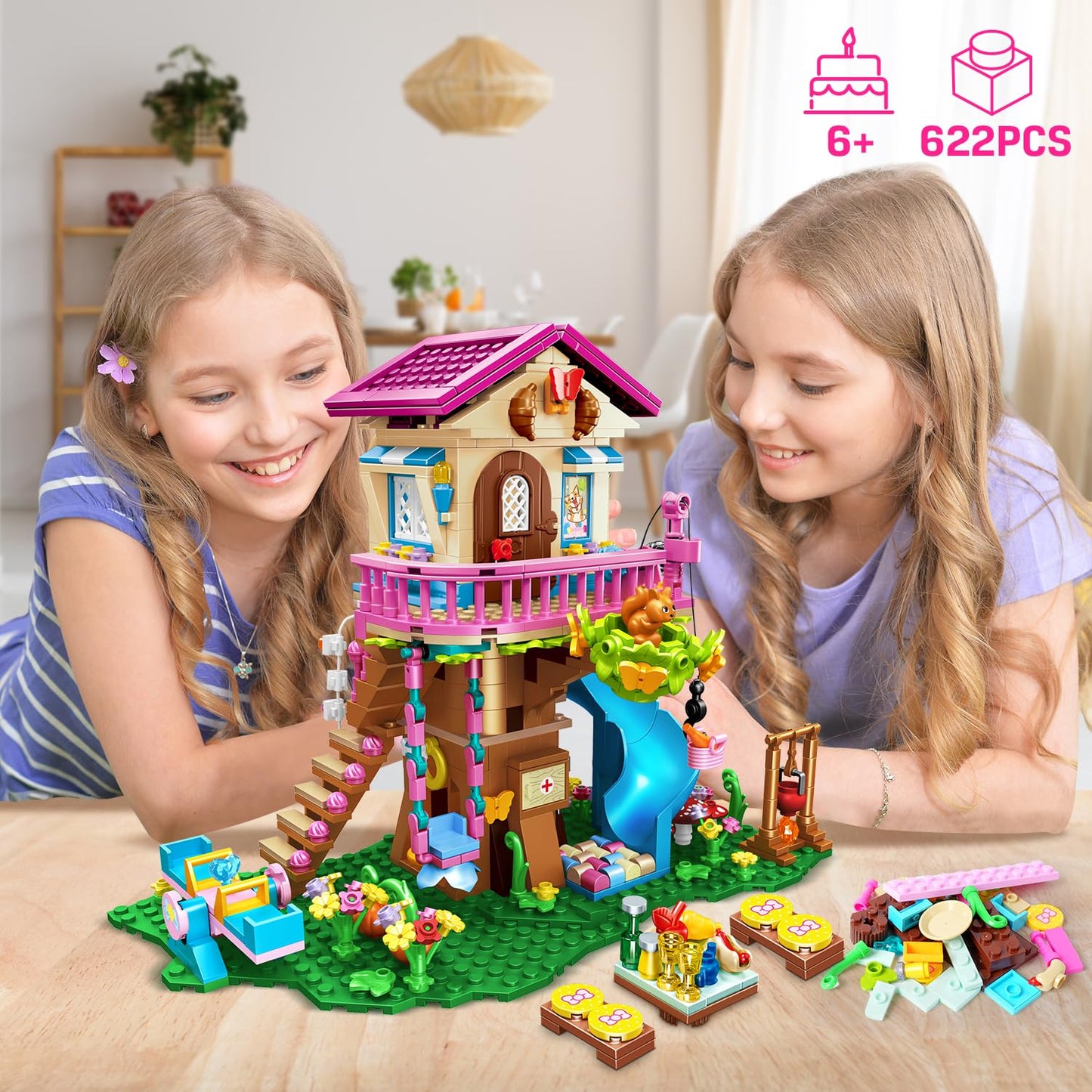 HOGOKIDS Tree House Building Set with LED Light – 622-Pcs Forest Up House with Slide | Gifts for Kids Ages 8–12+