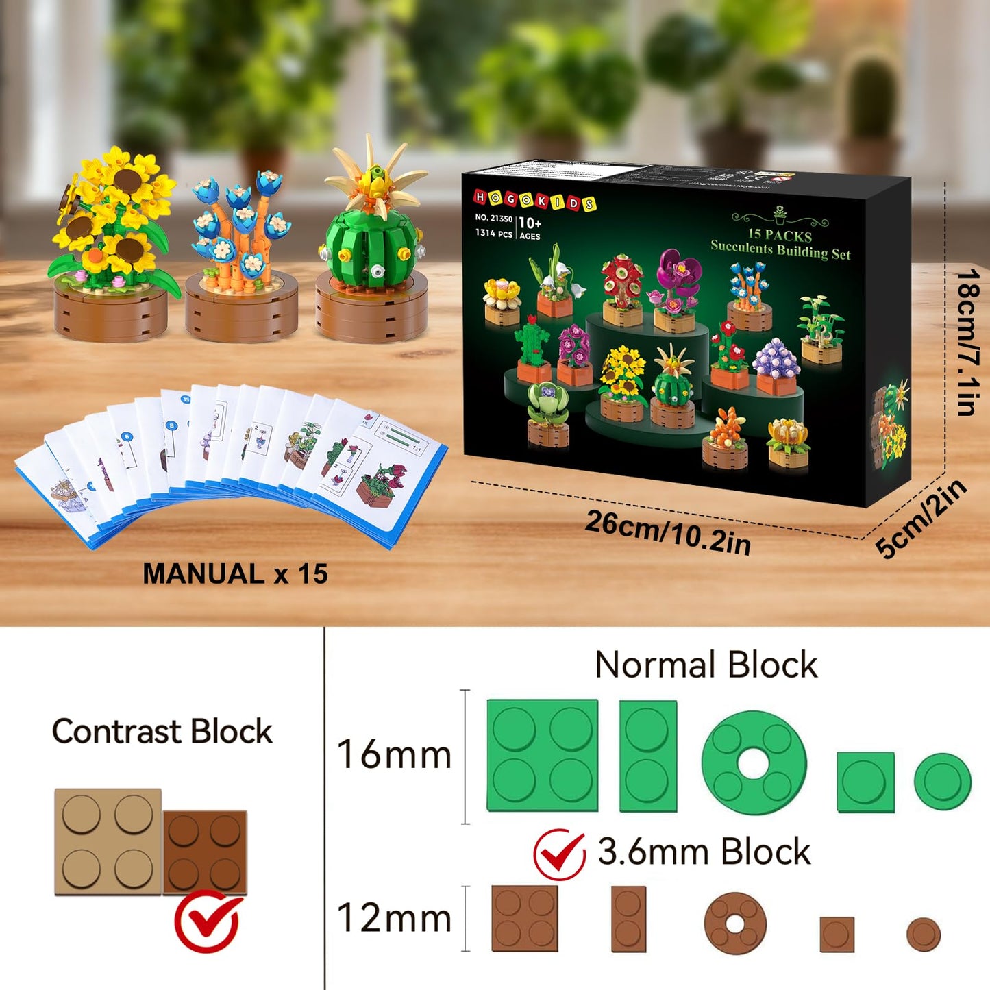 HOGOKIDS 15-Pack Valentines Flowers & Succulents Mini Building Set – 1314PCS