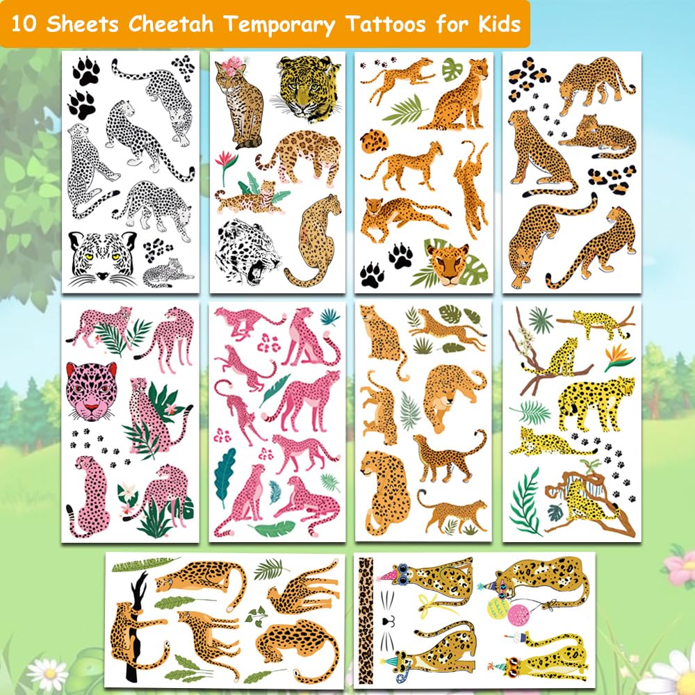 Hohamn Cheetah Temporary Tattoos for Kids — 10 Sheets Jungle Animal Party Favors