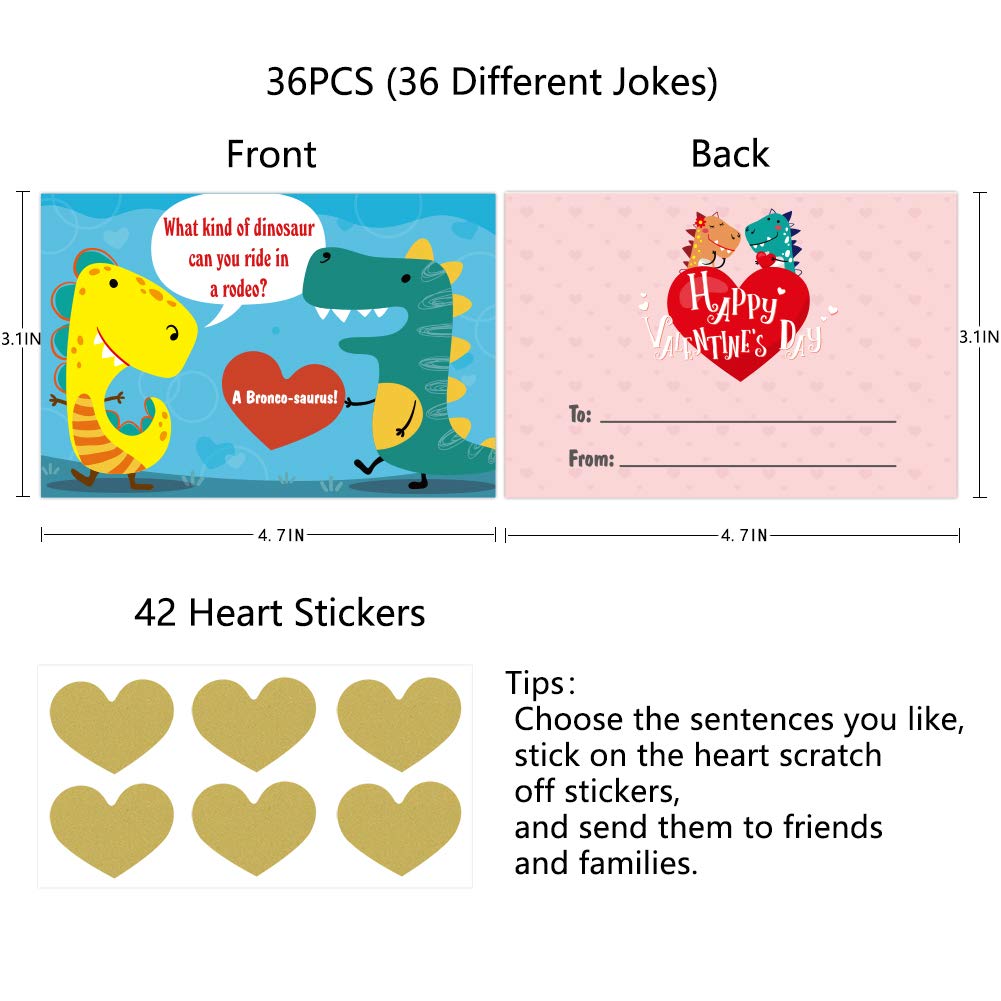 Hohomark Valentines Day Cards for Kids – 36 Scratch-Off Joke Cards with 42 Stickers | To/From