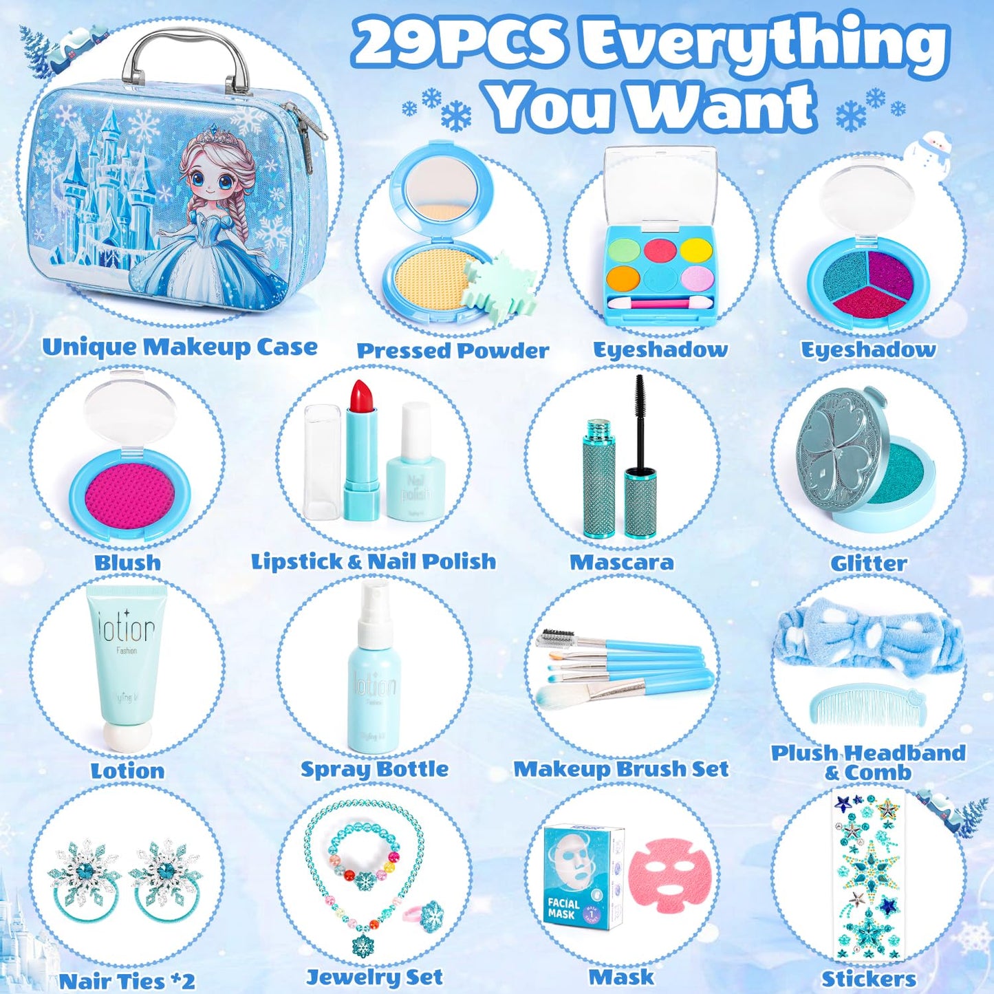 Hohosunlar Frozen Pretend Makeup Kit for Toddlers (3-5) | 29-in-1 Princess Dress-Up Set