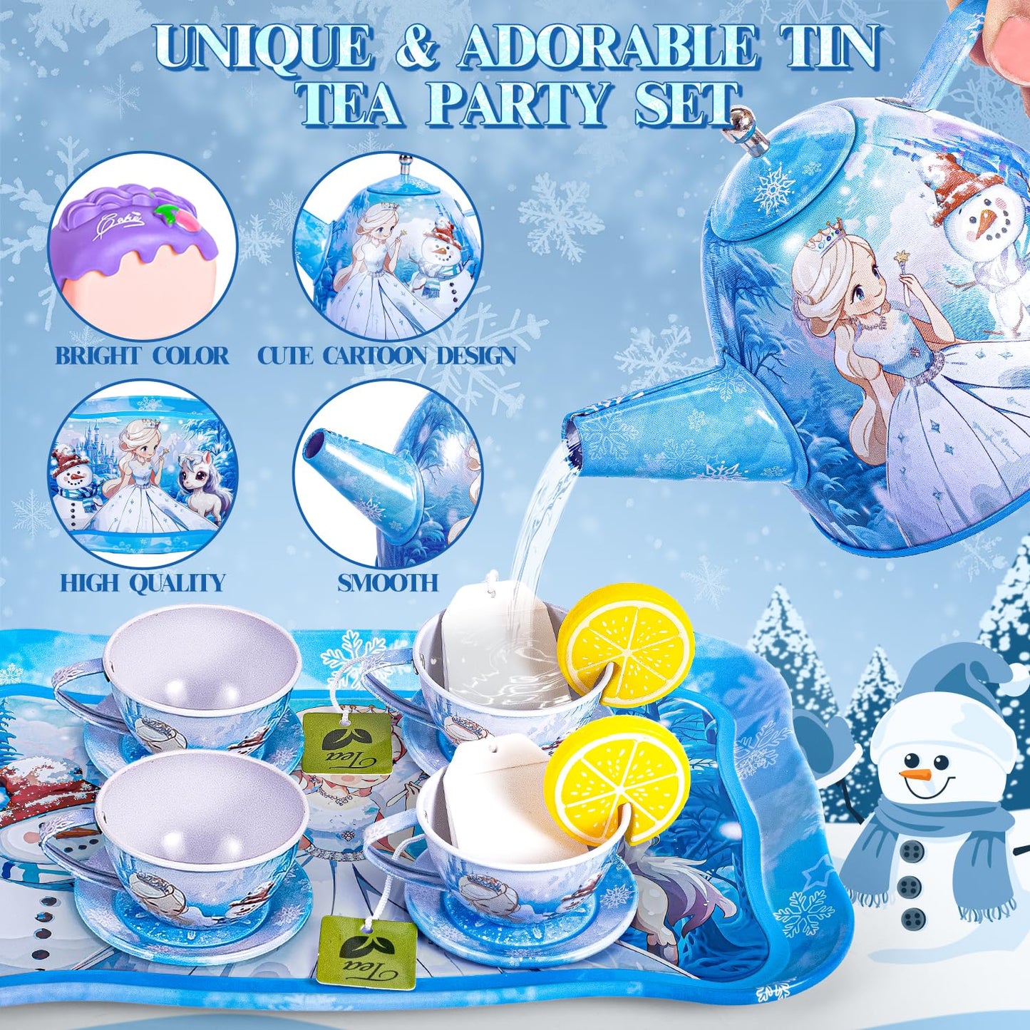 Hohosunlar Tea Party Set for Girls – Princess Tin Tea Set with Teapot, Cups, Desserts & Carrying Case | Gift for Ages 3–8