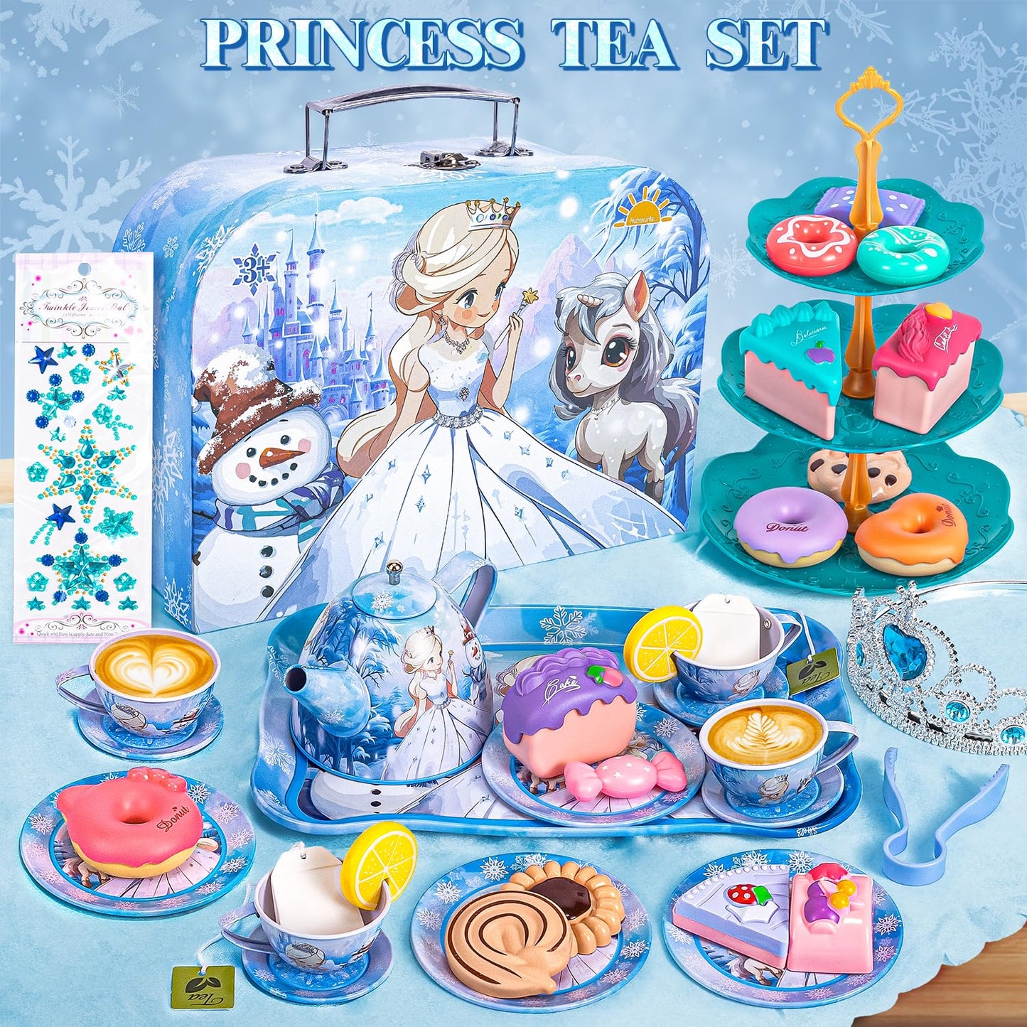 Hohosunlar Tea Party Set for Girls – Princess Tin Tea Set with Teapot, Cups, Desserts & Carrying Case | Gift for Ages 3–8