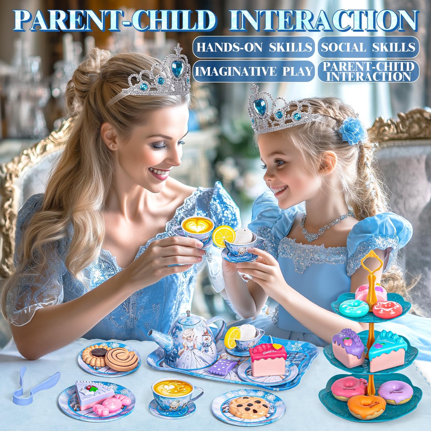 Hohosunlar Tea Party Set for Girls – Princess Tin Tea Set with Teapot, Cups, Desserts & Carrying Case | Gift for Ages 3–8