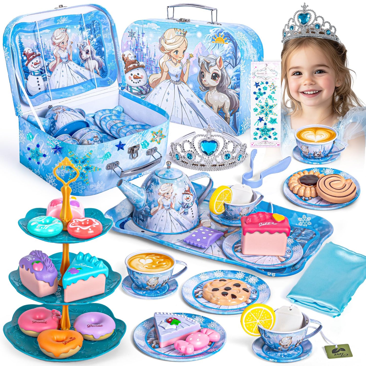 Hohosunlar Tea Party Set for Girls – Princess Tin Tea Set with Teapot, Cups, Desserts & Carrying Case | Gift for Ages 3–8