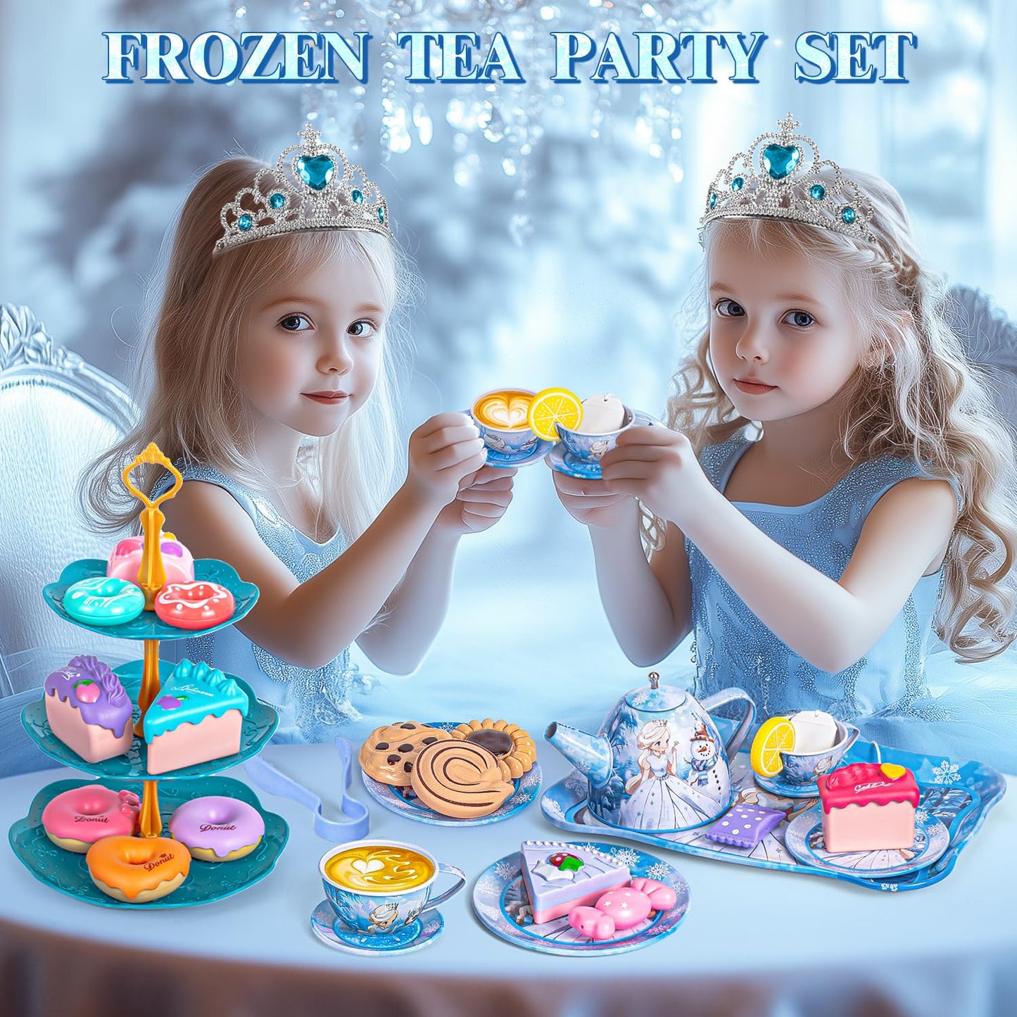 Hohosunlar Tea Party Set for Girls – Princess Tin Tea Set with Teapot, Cups, Desserts & Carrying Case | Gift for Ages 3–8