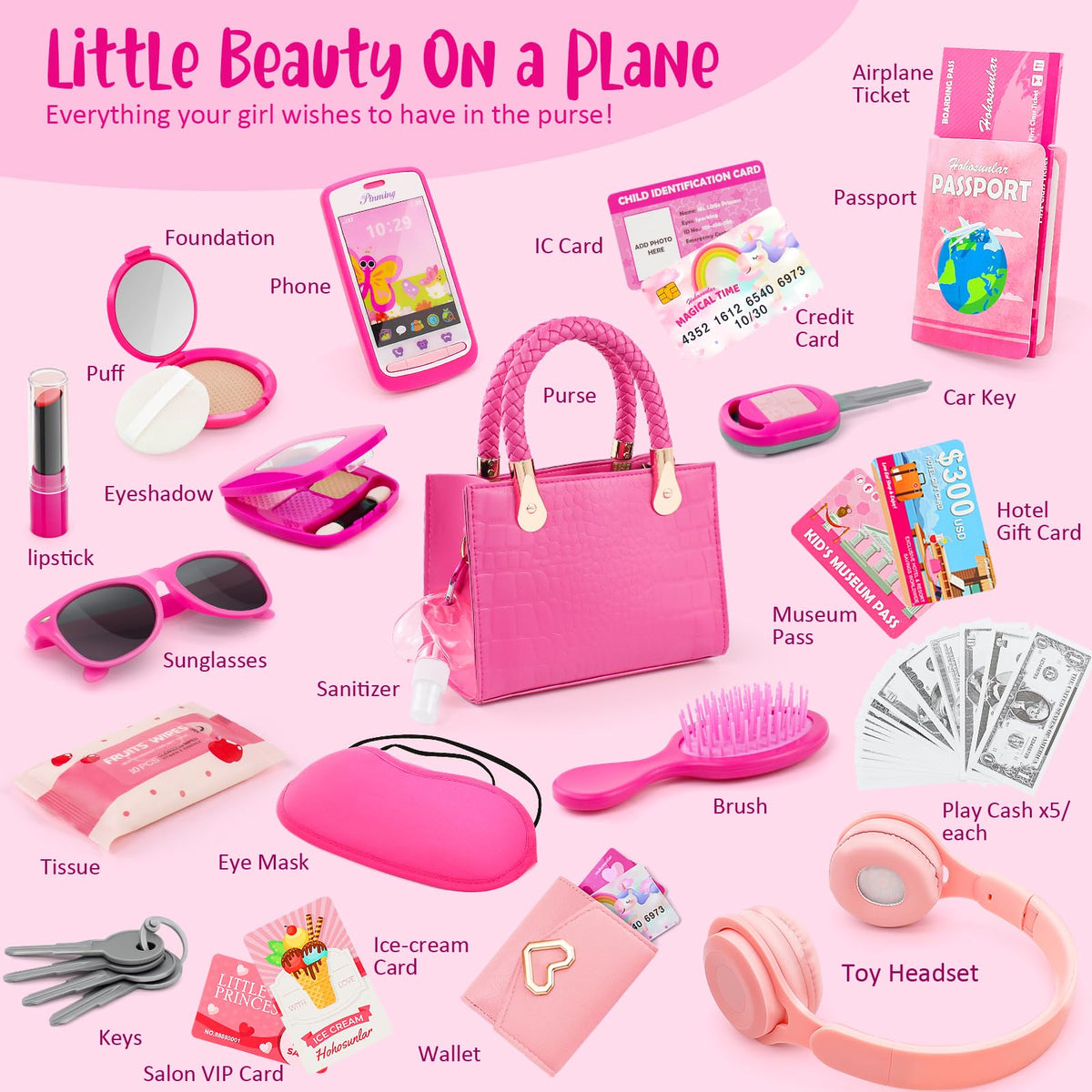 Hohosunlar Little Girl Purse with Pretend Makeup – 49Pcs Travel Play Set for Toddlers