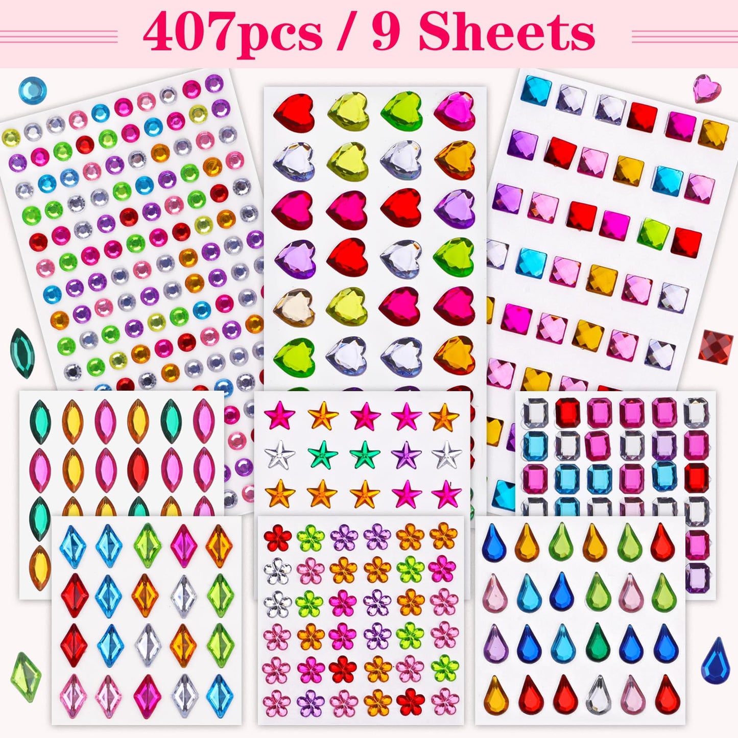 Hoiny 407pcs Gem Stickers – Self-Adhesive Multicolor Rhinestones for Kids Crafts