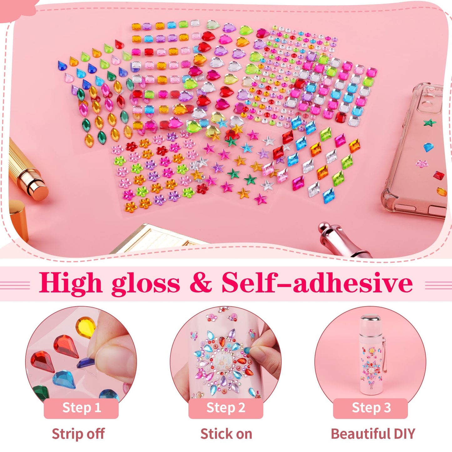 Hoiny 407pcs Gem Stickers – Self-Adhesive Multicolor Rhinestones for Kids Crafts
