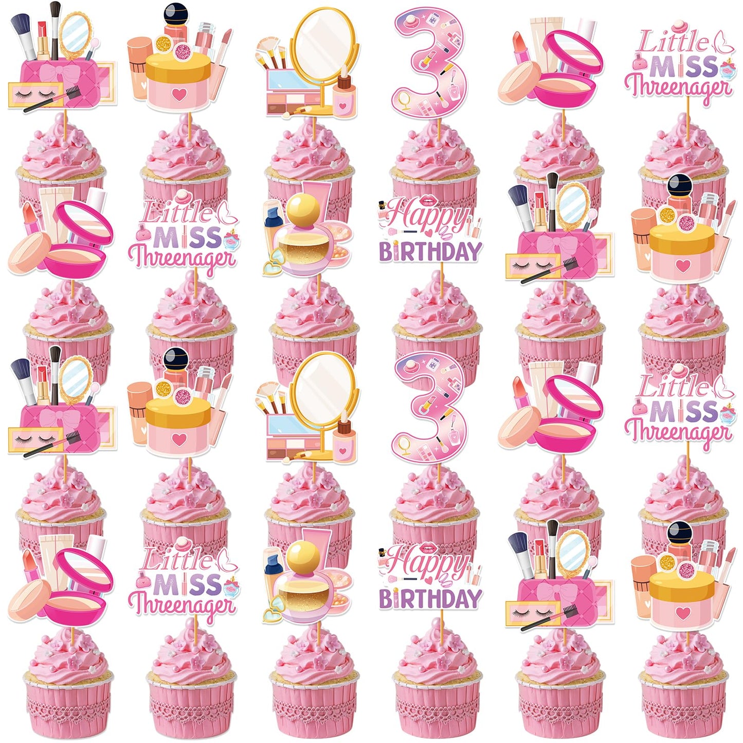Hokinaa Little Miss Threenager 40-Piece Birthday Cupcake Toppers | Pink Makeup Theme