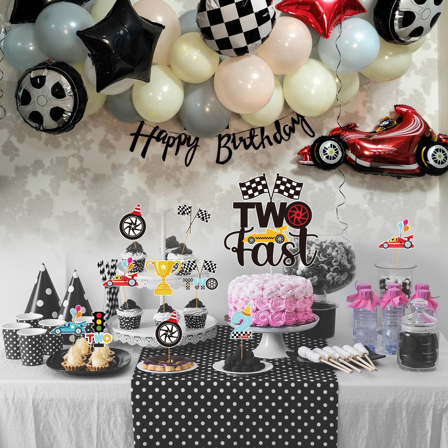 Hokinaa Two Fast Cake Decorations — 25 Pcs Race Car Theme Topper Set for 2nd Birthday
