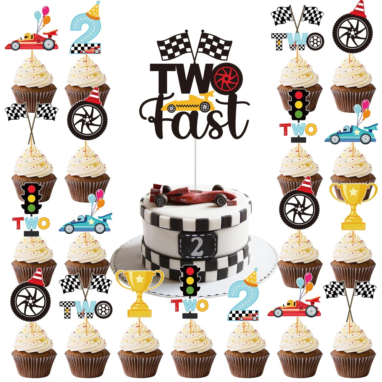 Hokinaa Two Fast Cake Decorations — 25 Pcs Race Car Theme Topper Set for 2nd Birthday