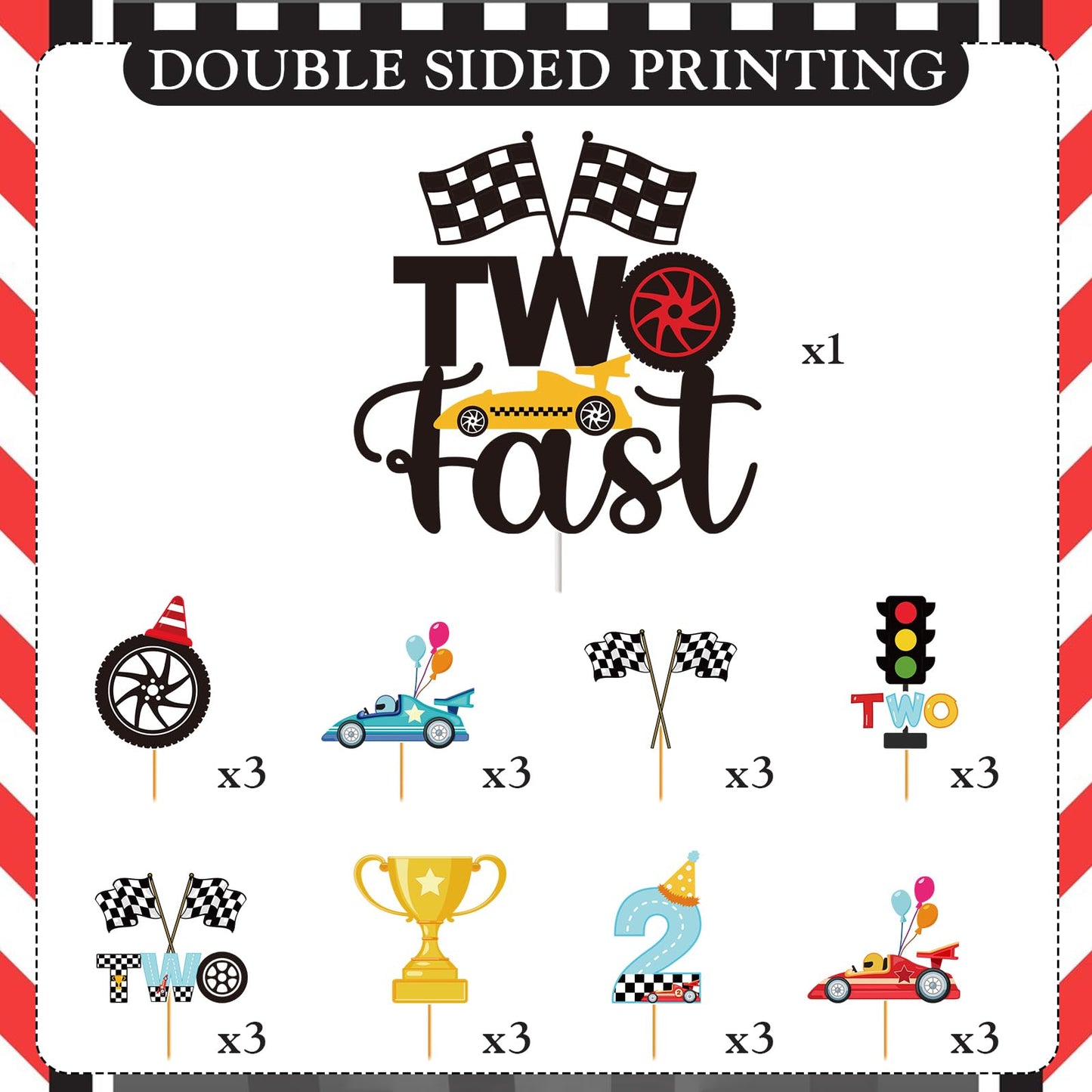 Hokinaa Two Fast Cake Decorations — 25 Pcs Race Car Theme Topper Set for 2nd Birthday