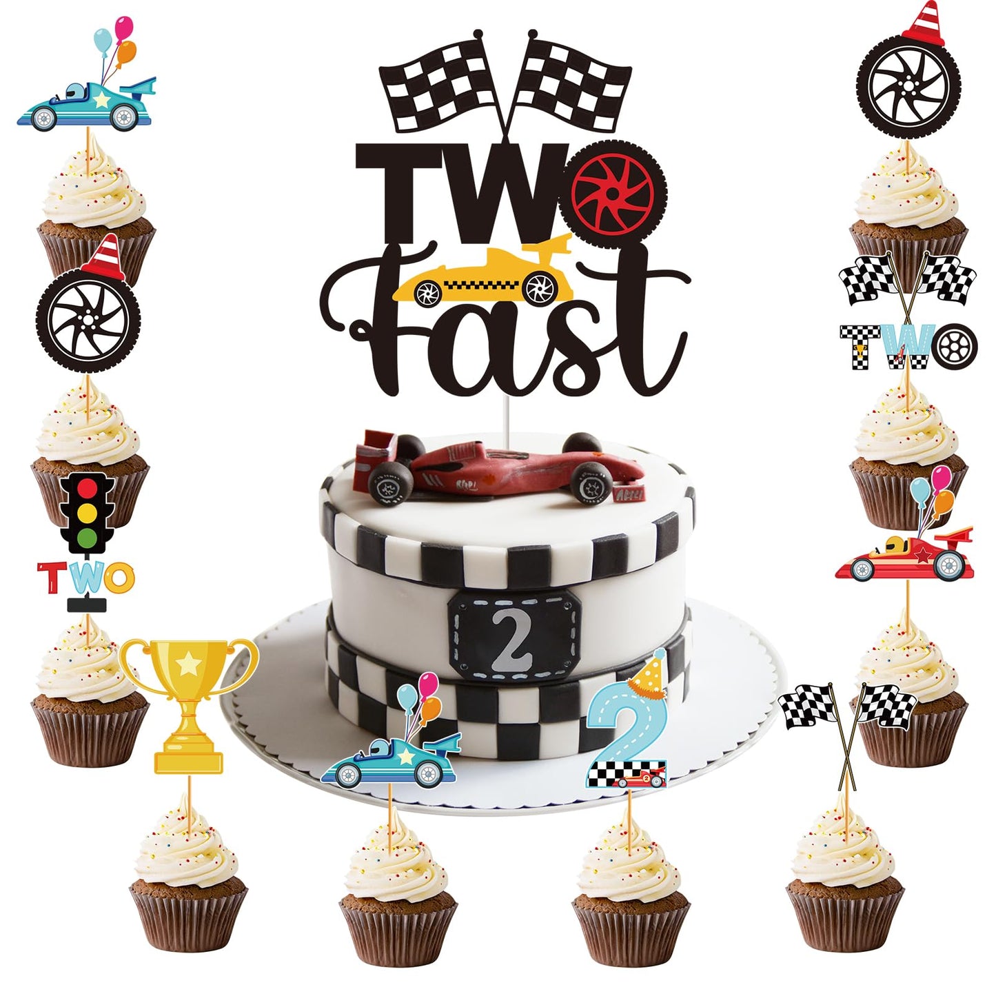 Hokinaa Two Fast Cake Decorations — 25 Pcs Race Car Theme Topper Set for 2nd Birthday
