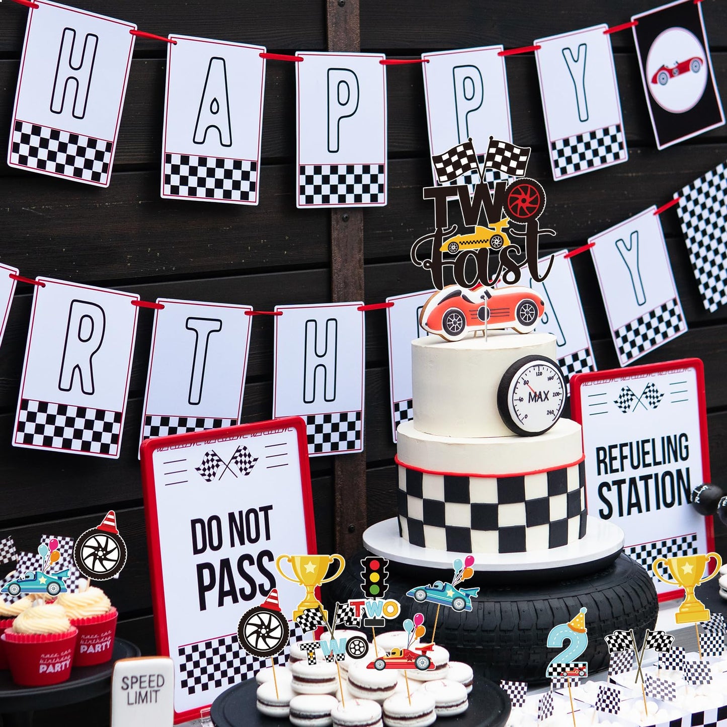 Hokinaa Two Fast Cake Decorations — 25 Pcs Race Car Theme Topper Set for 2nd Birthday