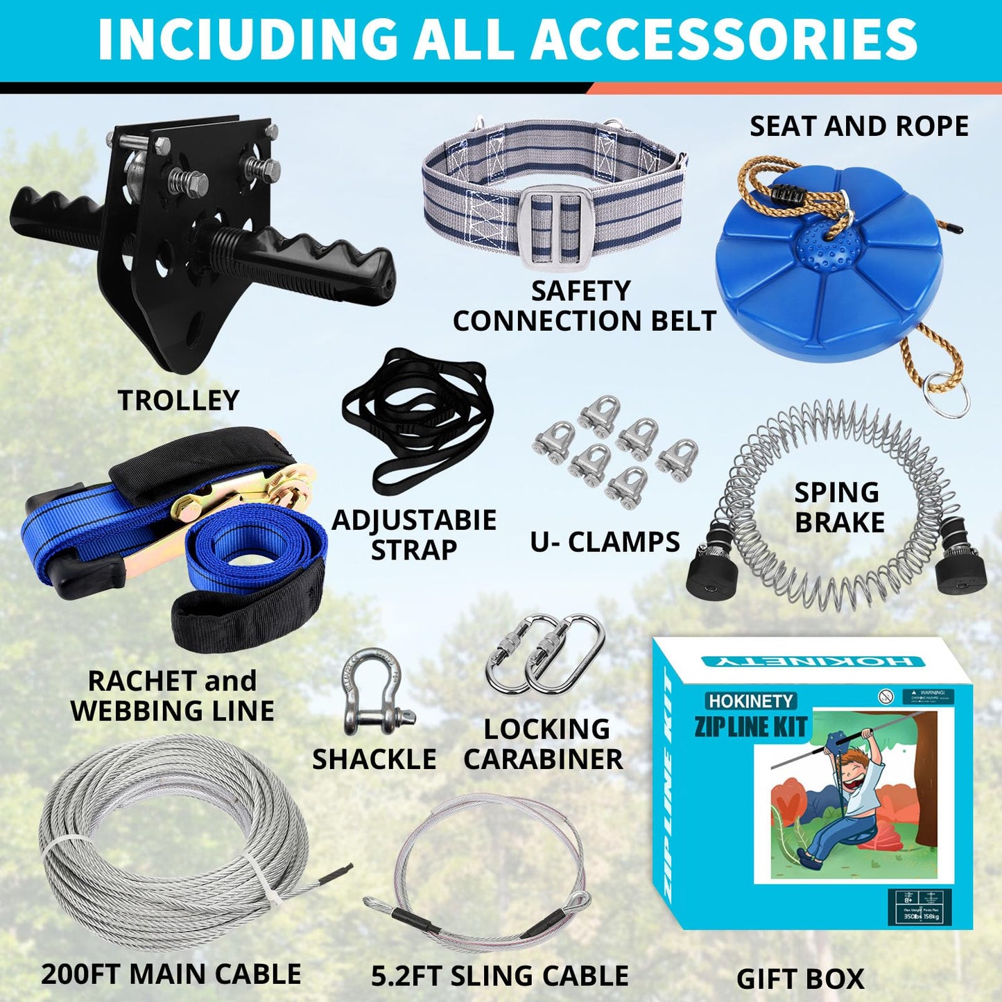 HOKINETY Zip Line Kit for Kids & Adults – 200FT, 380 lbs, Quick Tighten Ratchet, Rust-Proof Trolley Seat with Spring Brake