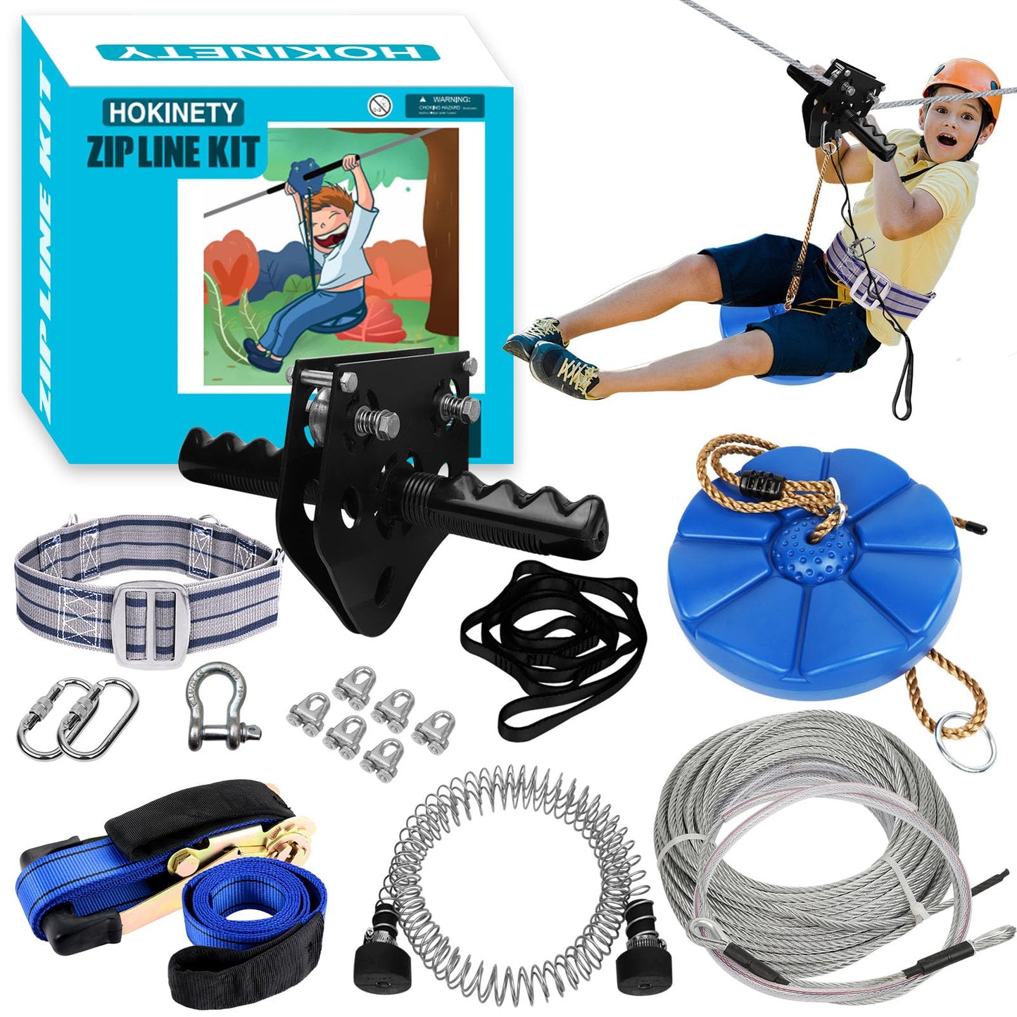 HOKINETY Zip Line Kit for Backyard — 100ft, 380 lbs, Quick Tighten & Removable Trolley