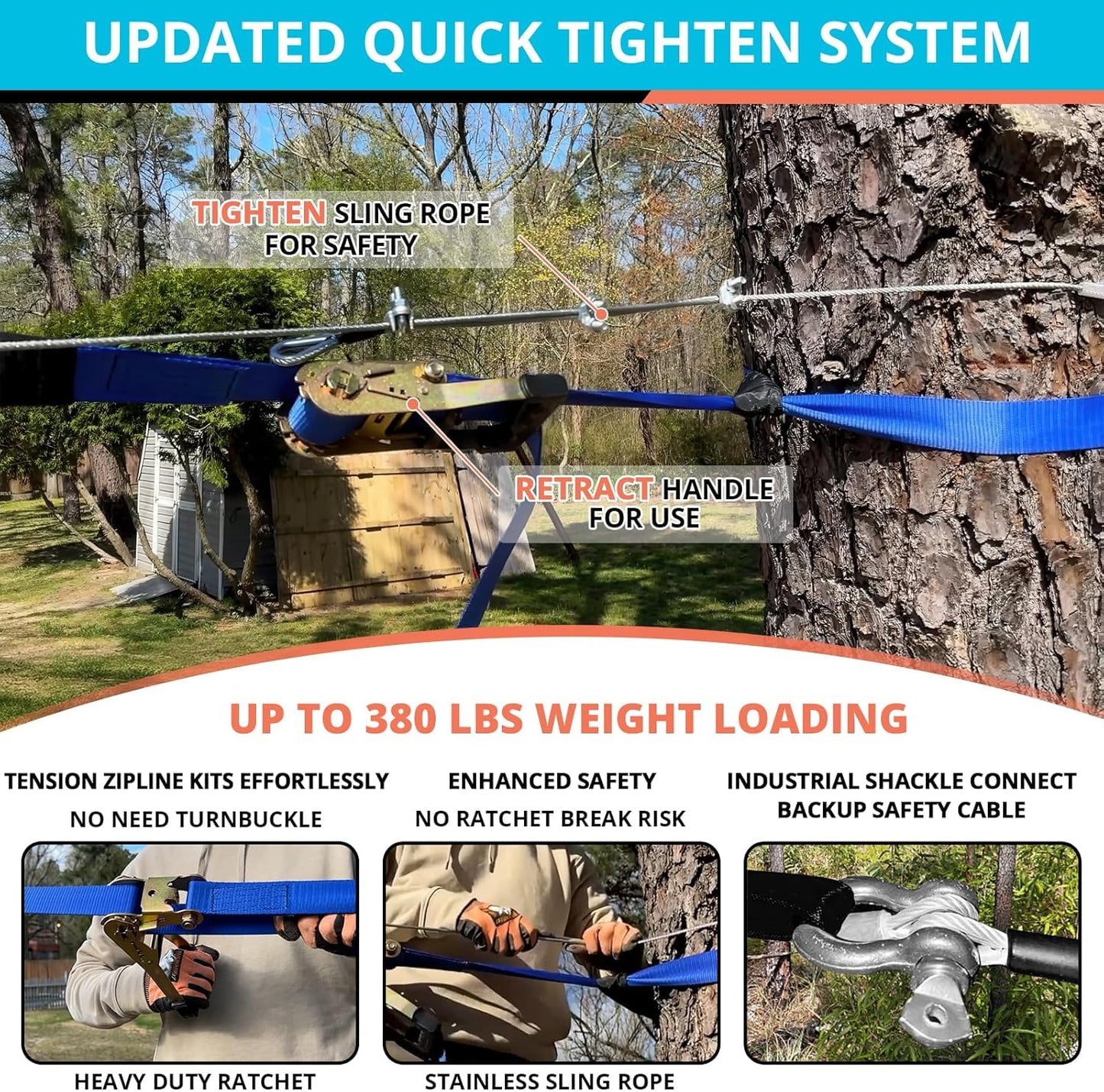 HOKINETY Zip Line Kit for Backyard — 100ft, 380 lbs, Quick Tighten & Removable Trolley