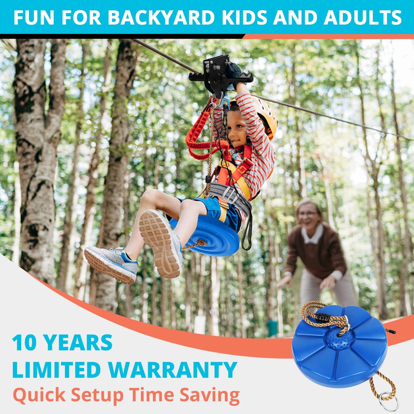 HOKINETY Zip Line Kit for Backyard — 100ft, 380 lbs, Quick Tighten & Removable Trolley
