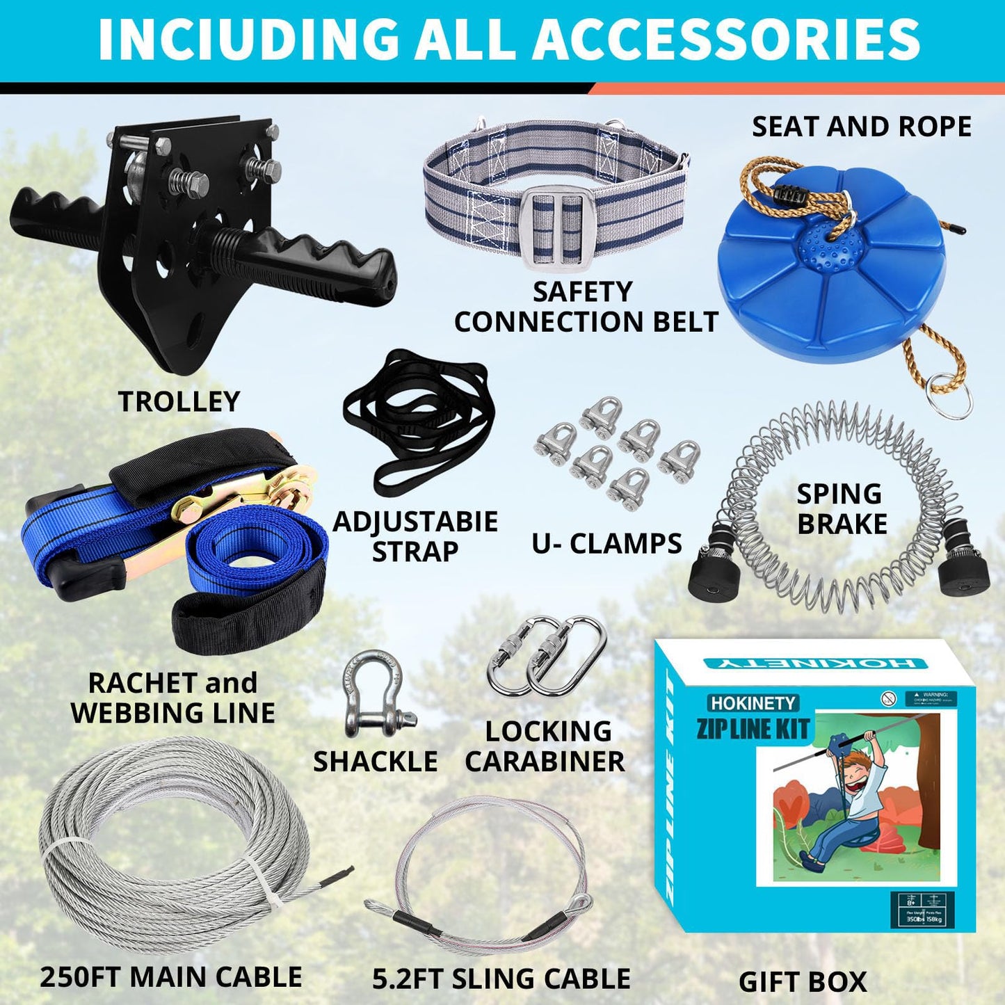 HOKINETY Zip Line Kit for Kids & Adults — 380 Lbs, 250 Ft, Removable Trolley Seat & Spring Brake