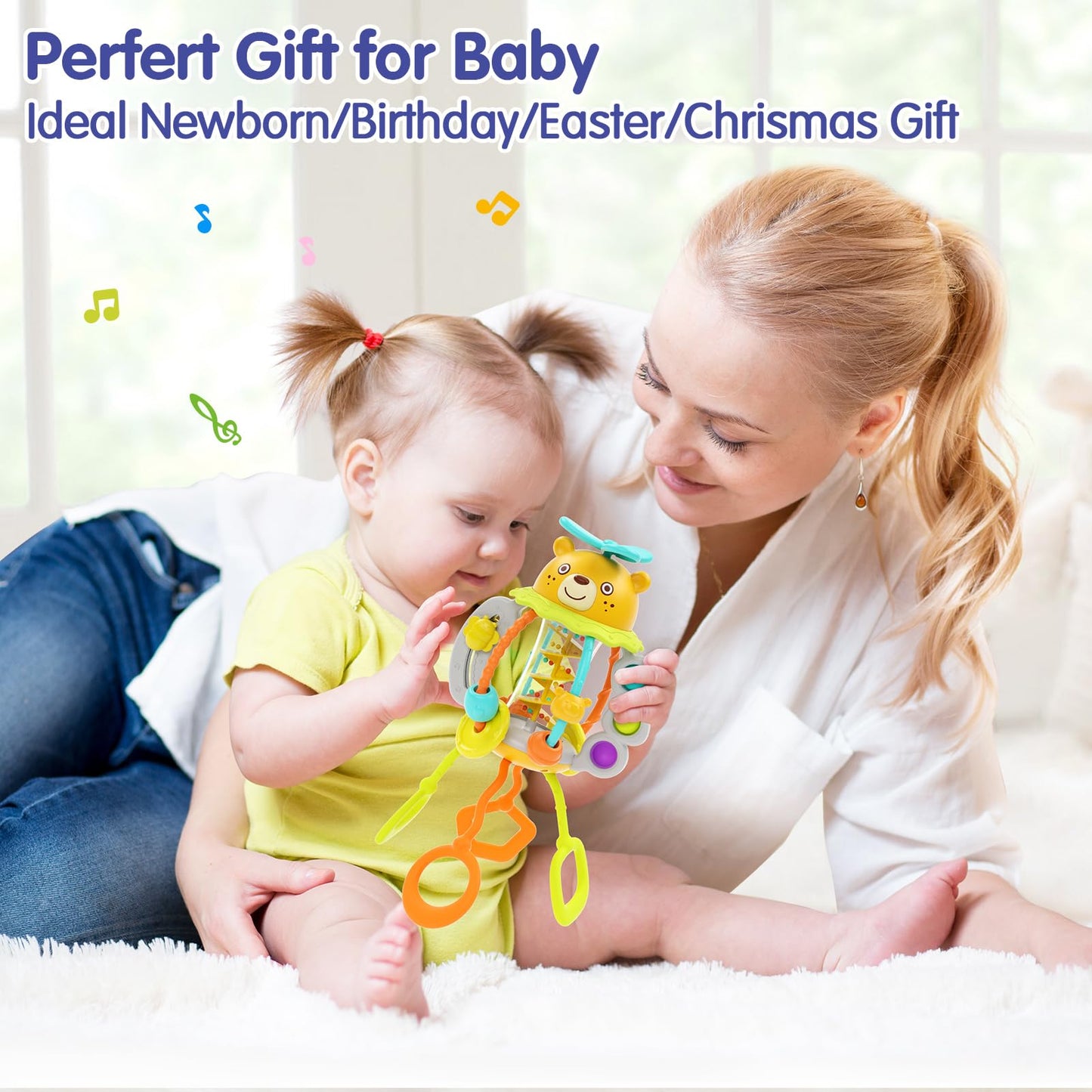 HOLA Montessori Toys for 1 Year Olds – Rattle Teether & Silicone Pull String Sensory Toy (0–12 Months) | Baby Gift Idea