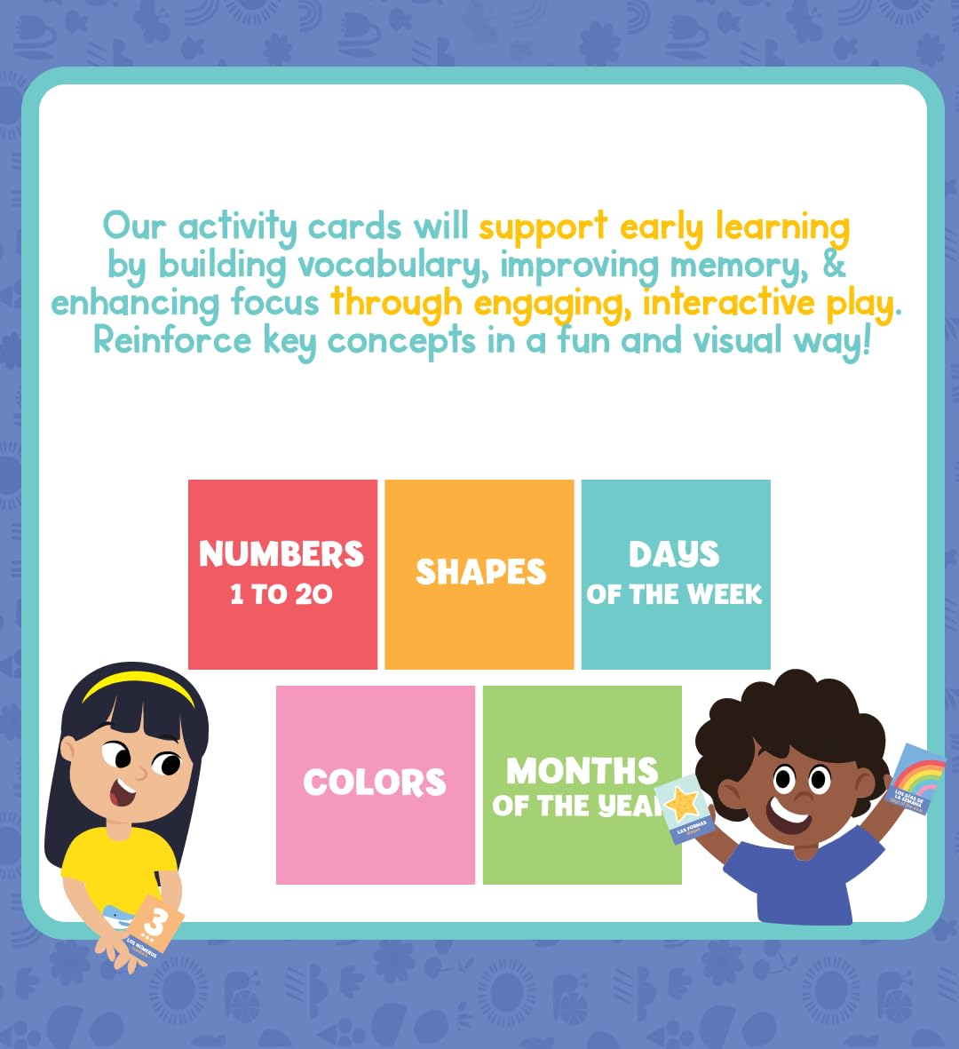 Hola Amigo Bilingual Activity Card Sets – Spanish & English Flash Cards for Kids (Numbers, Colors, Shapes, Months, Days)