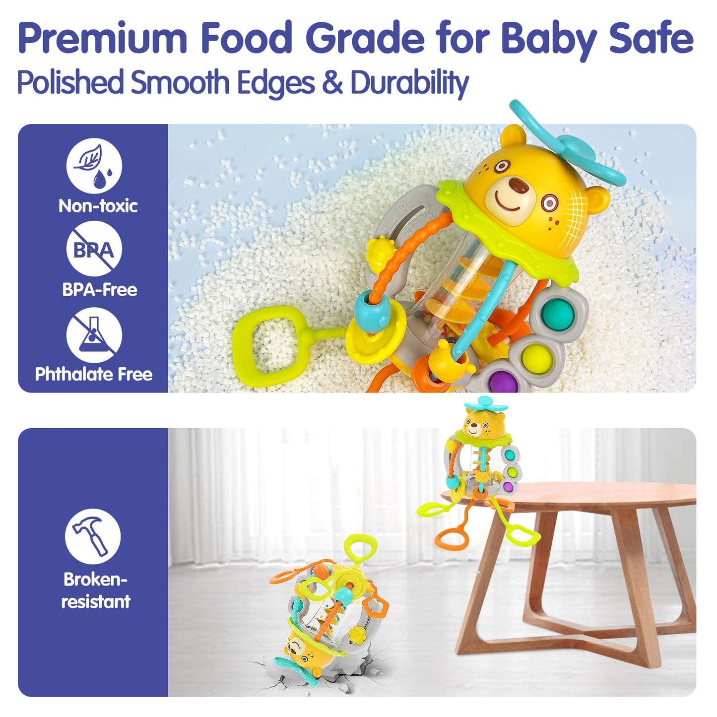 HOLA Montessori Toys for 1 Year Olds – Rattle Teether & Silicone Pull String Sensory Toy (0–12 Months) | Baby Gift Idea