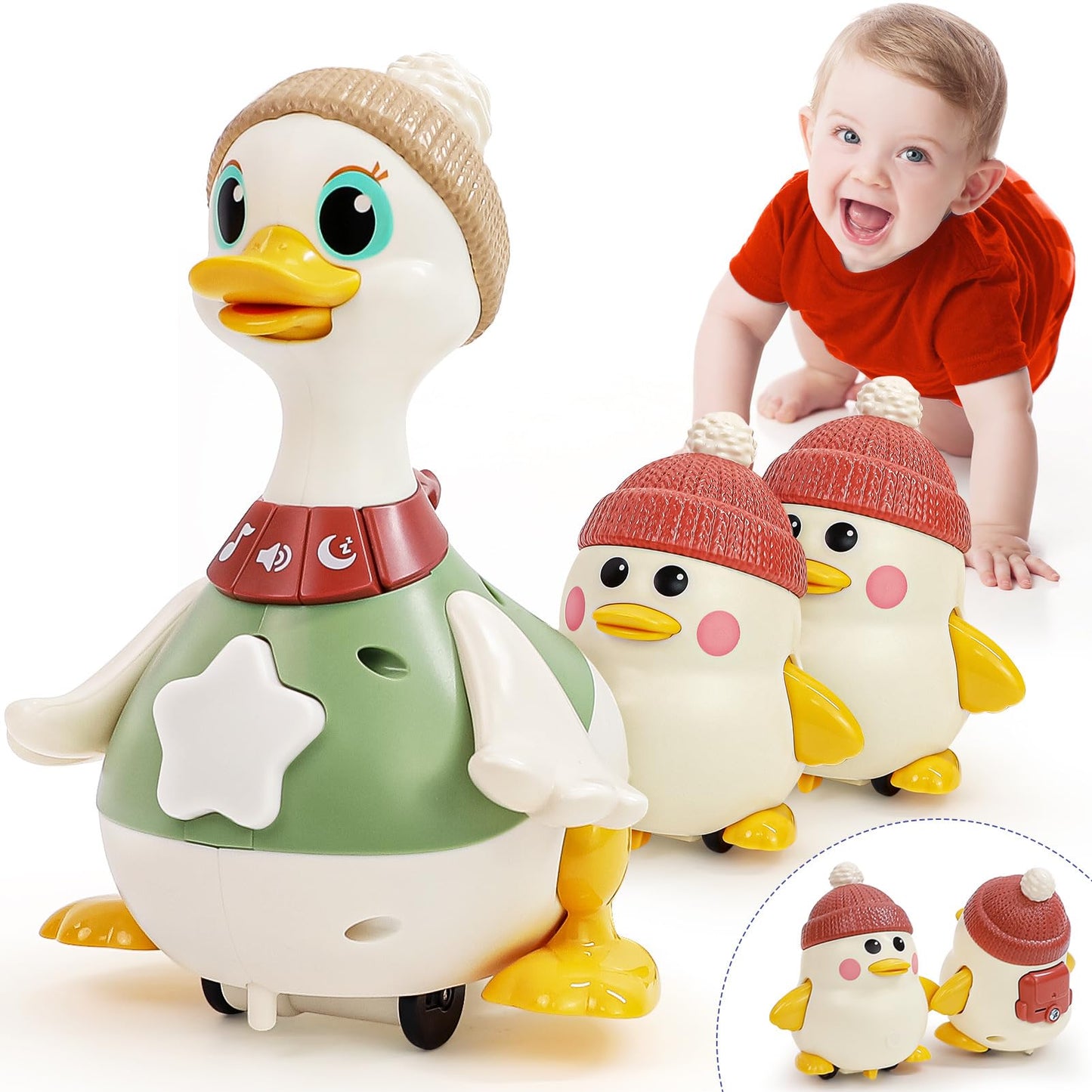 HOLA Baby Toys: 6–12 Months Musical Dancing Duck Set with Mama & Baby – Tummy Time & Crawling Modes