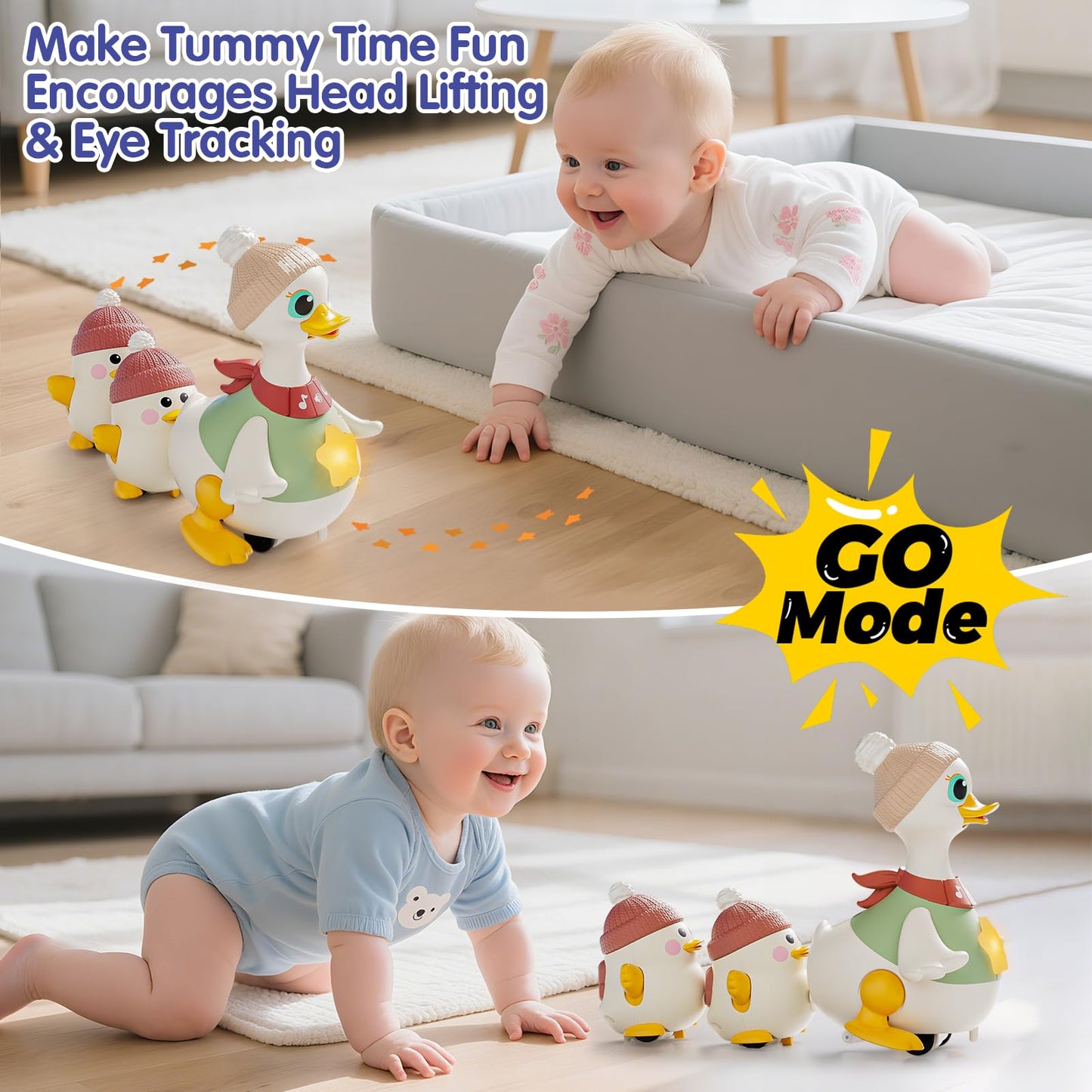 HOLA Baby Toys: 6–12 Months Musical Dancing Duck Set with Mama & Baby – Tummy Time & Crawling Modes