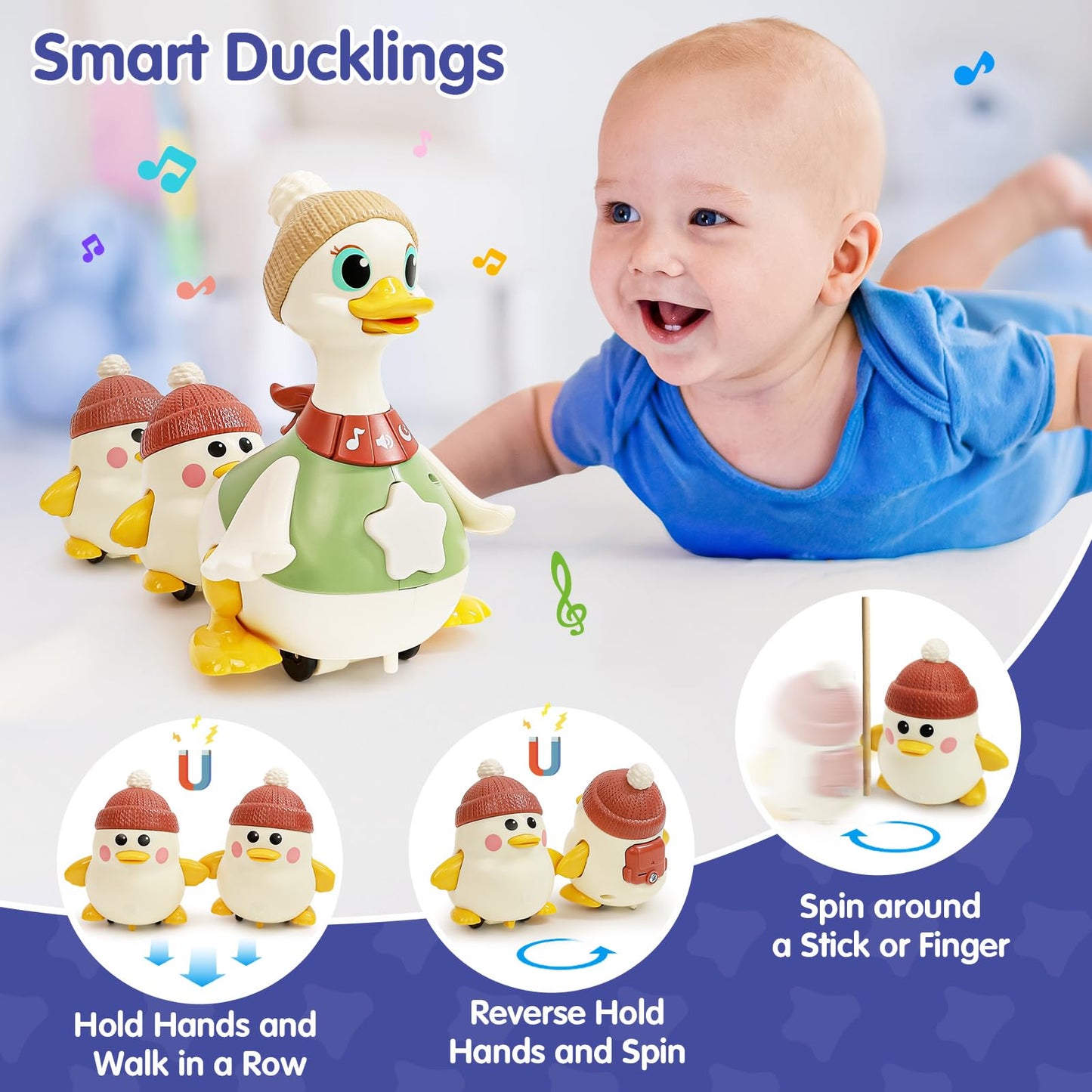 HOLA Baby Toys: 6–12 Months Musical Dancing Duck Set with Mama & Baby – Tummy Time & Crawling Modes