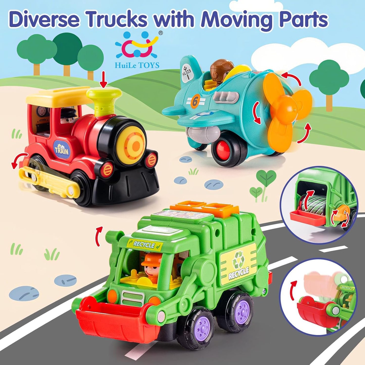 HOLA HuiLe Toys – 3-Piece Friction-Powered Trucks & Propeller Plane for Toddlers 1–3